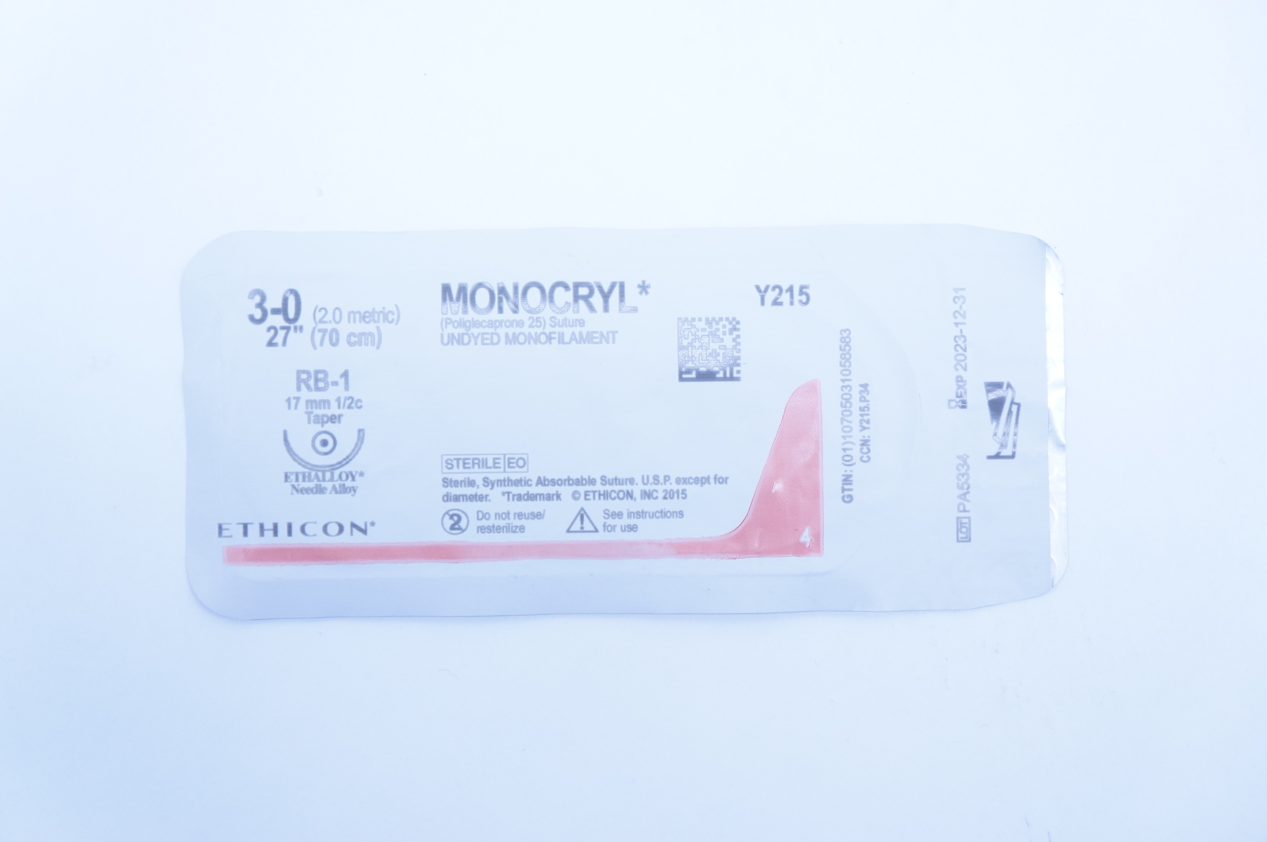 Ethicon Y215H 3-0 MONOCRYL, RB-1, 17mm 1/2c Taper, 27inch