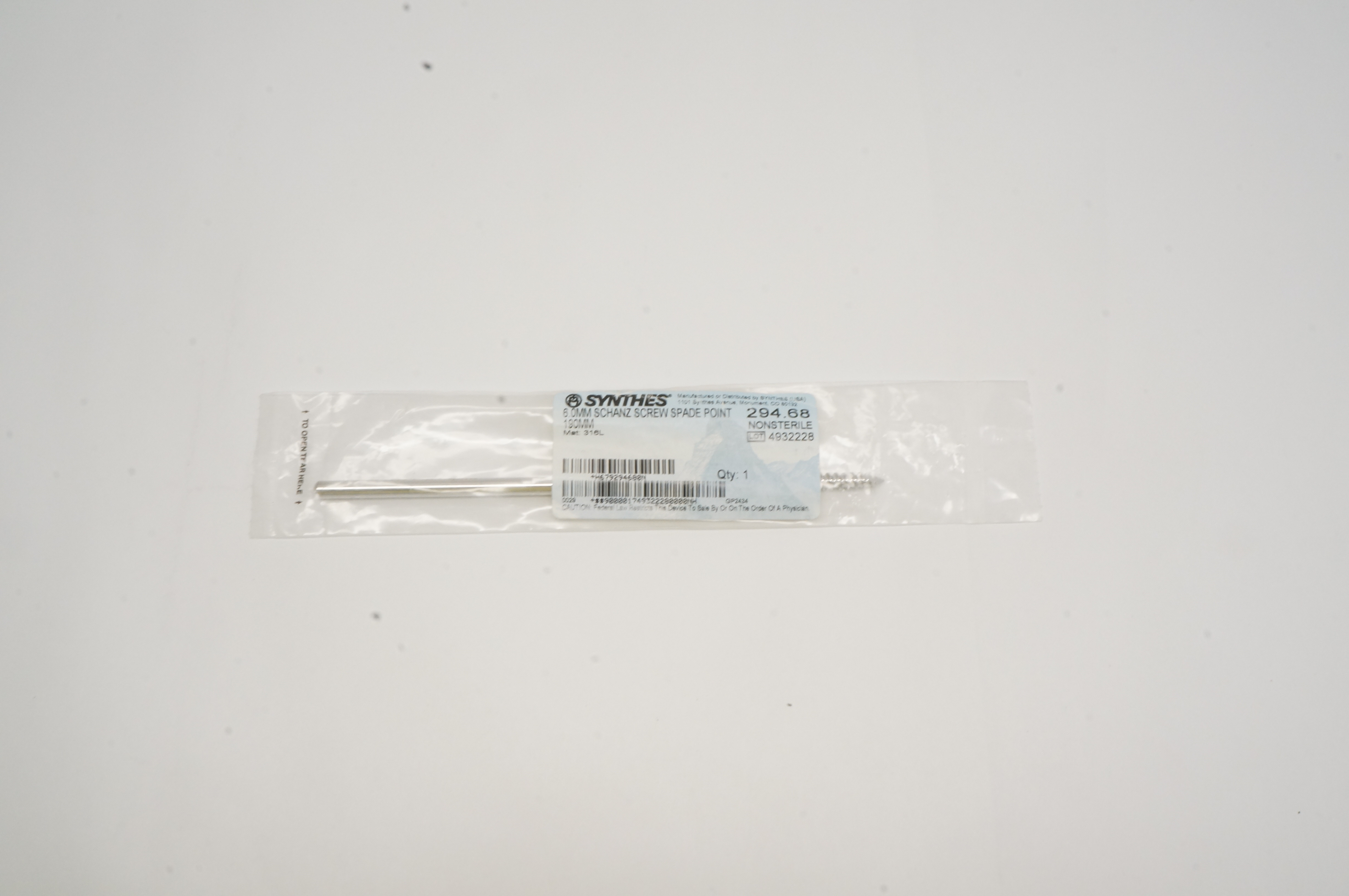Synthes 294.68, 6.0mm Schanz Screw Spade Point 190mm