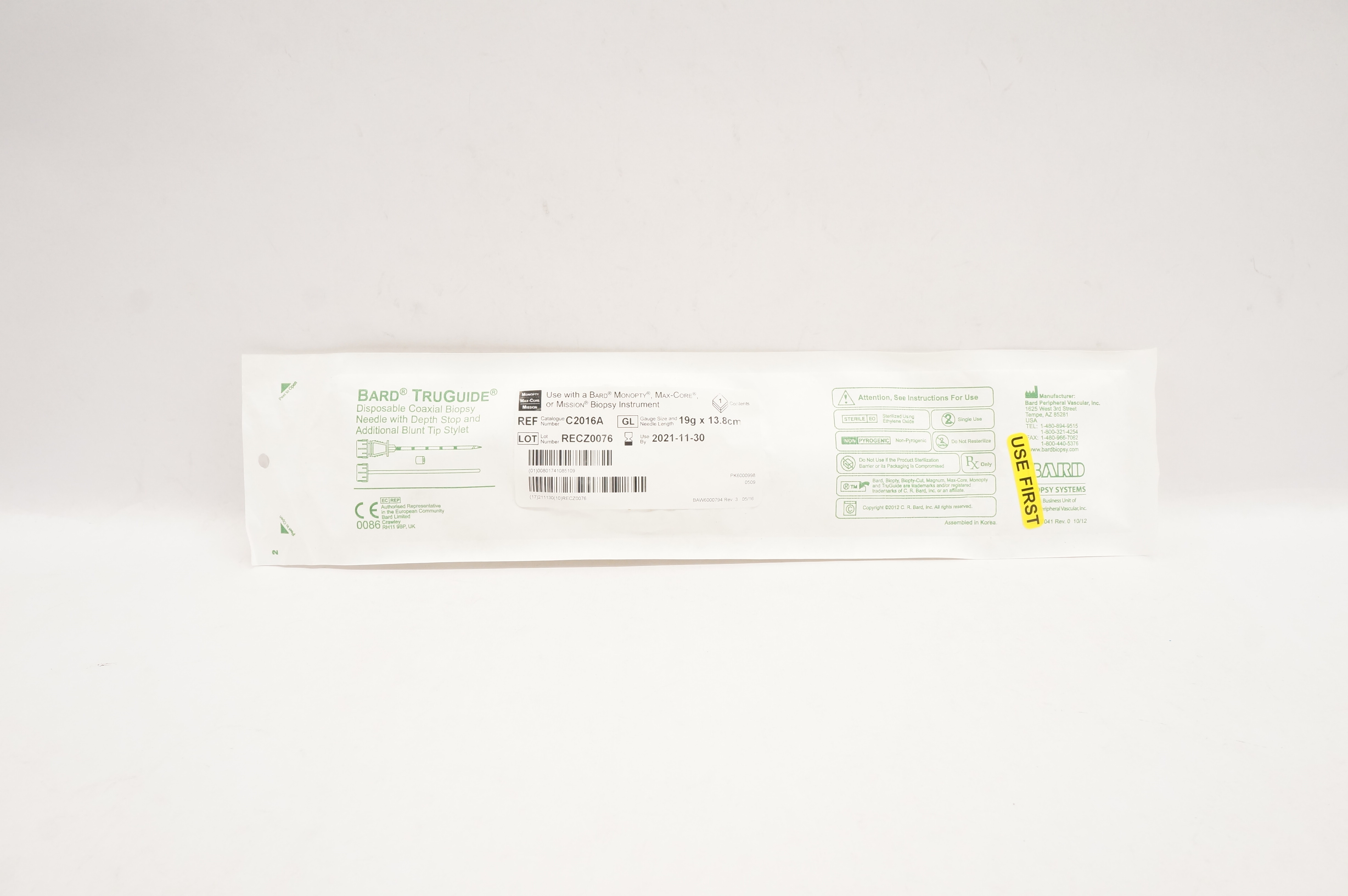 Bard C2016A TruGuide Disposable Coaxial Biopsy Ndle. 19g x 13.8cm (x)