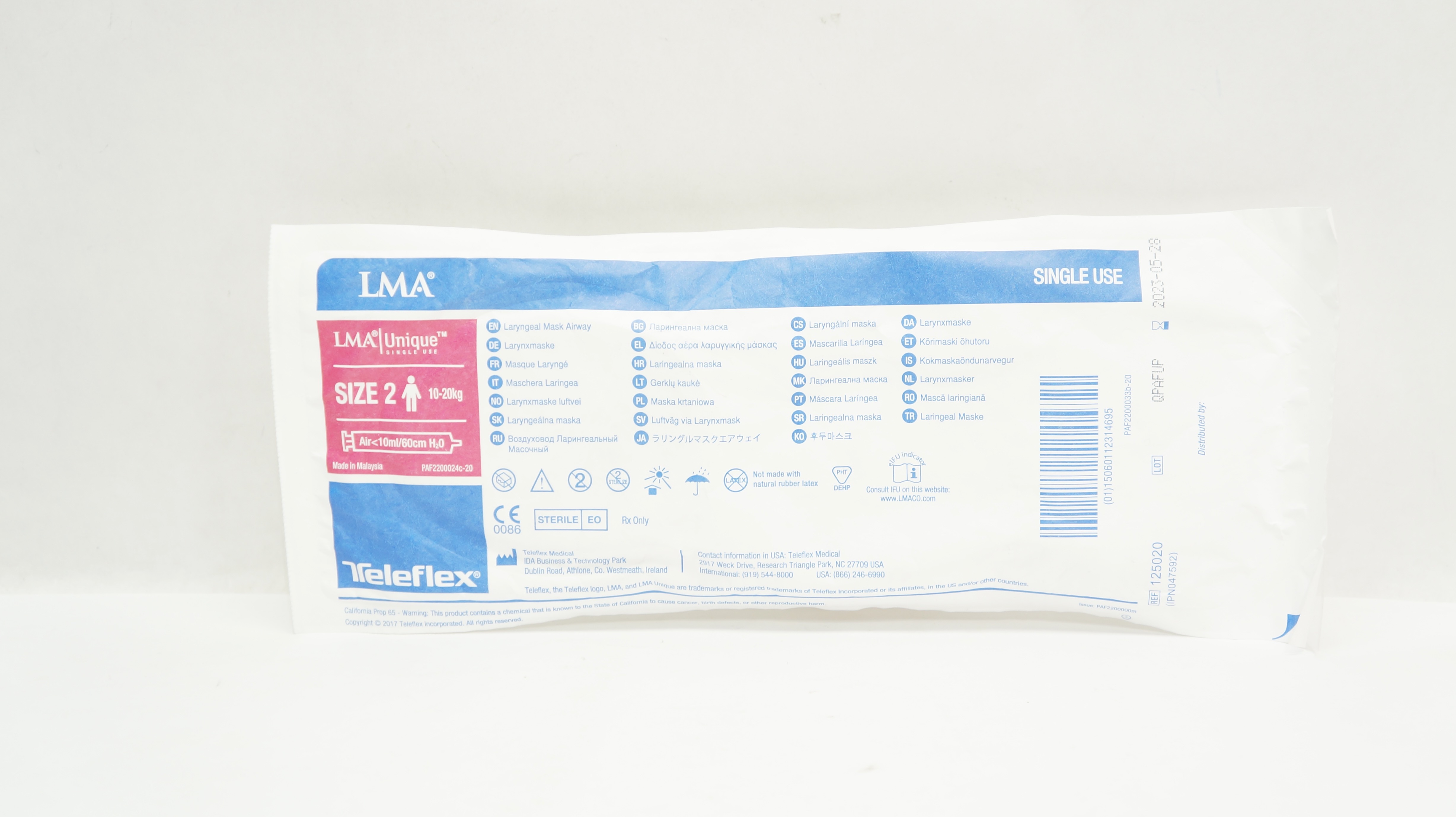 Teleflex 125020 LMA Laryngeal Mask Airway Size 2 10-20kg Air <10ml/60cm H2O(x)
