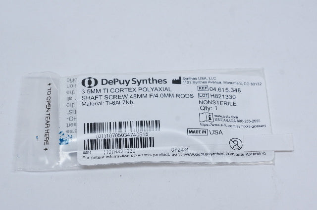 DePuy 04.615.348 Synthes 3.5mm Ti Cortex Polyaxial Shaft Screw 48mm