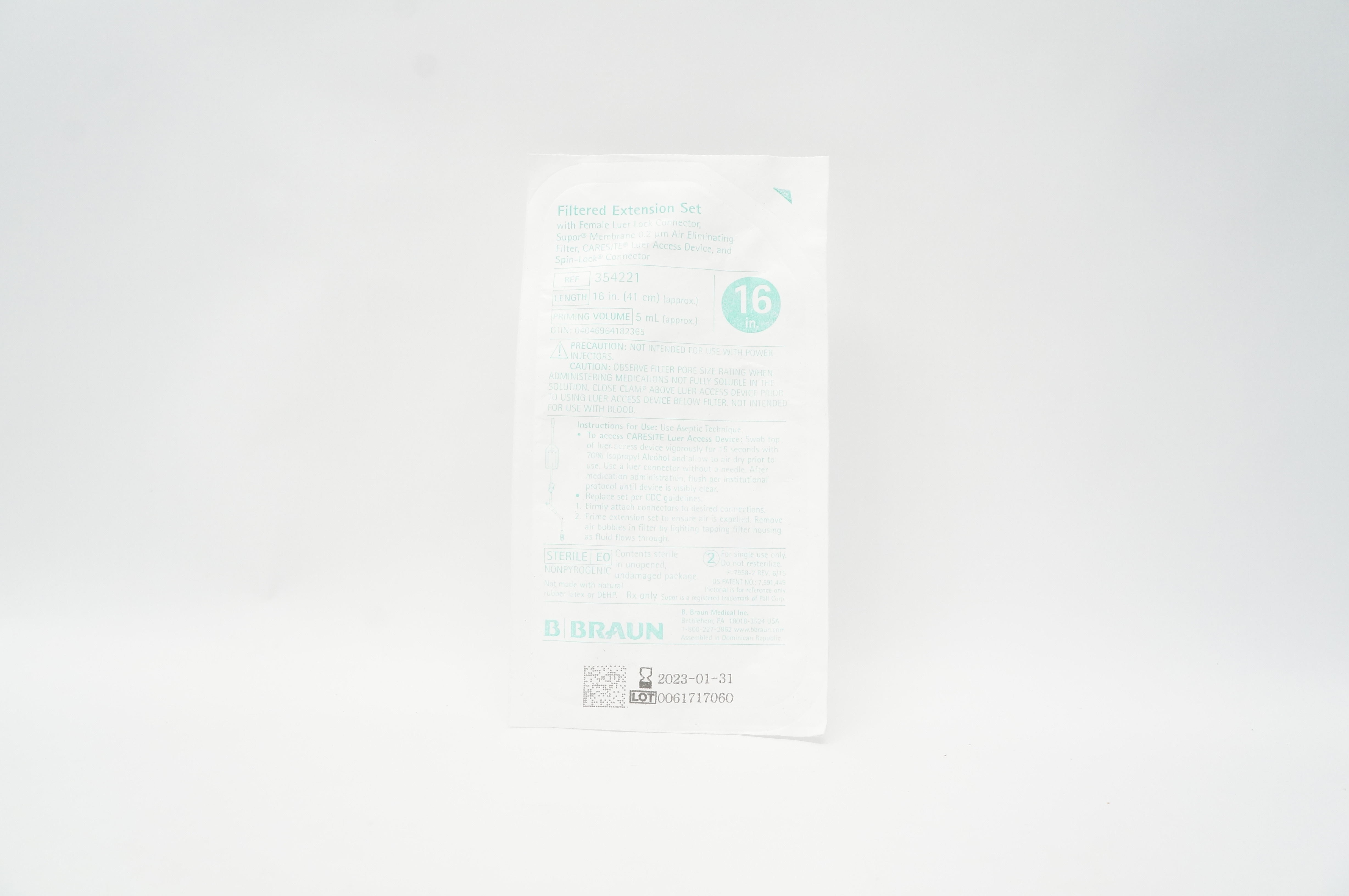 Braun 354221 Filtered Extension Set w/Female Luer Lock Connector 16inch x 5mL