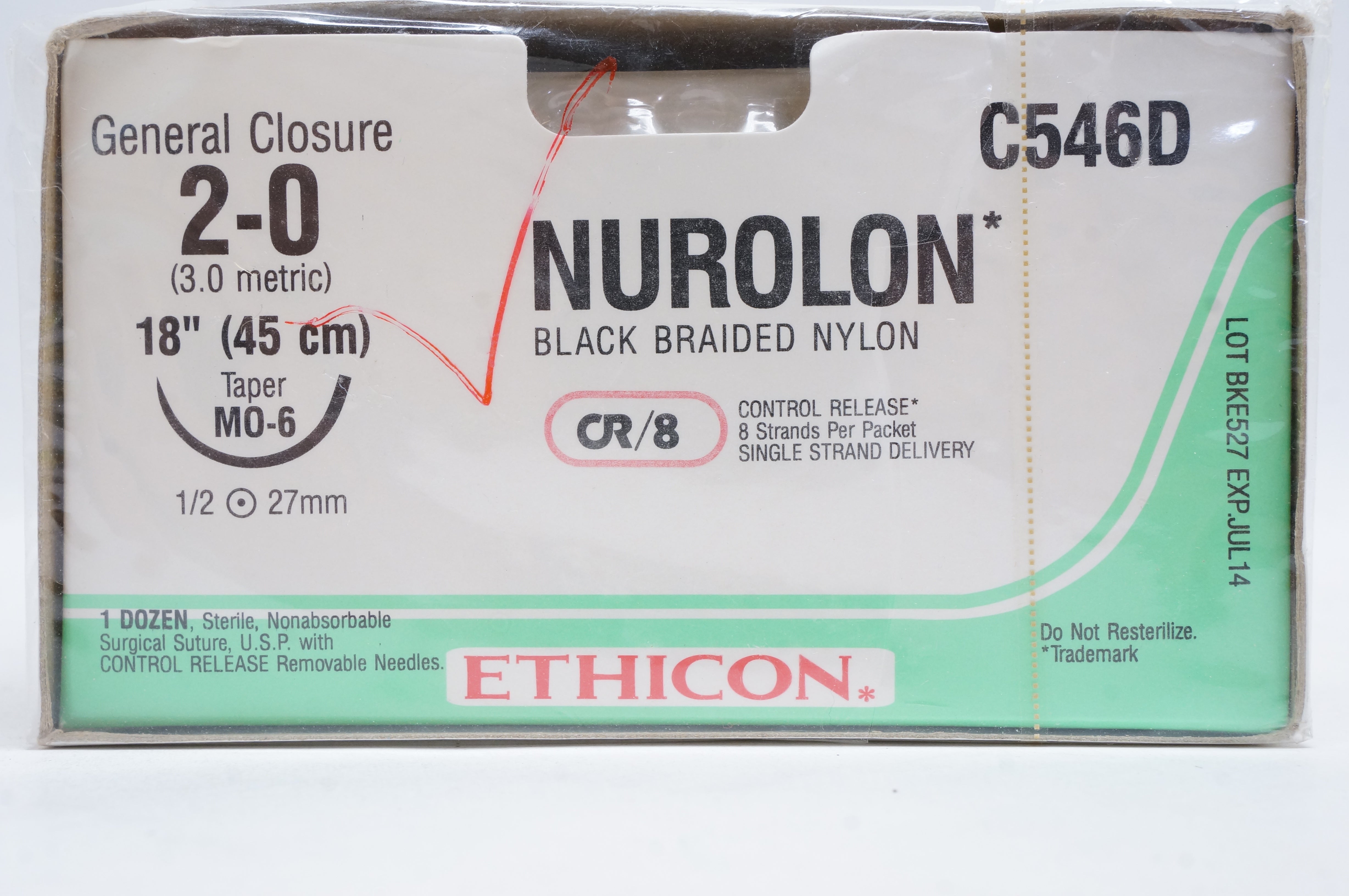 Ethicon C546D 2-0 NUROLON, 1/2 27mm, 18inch (x) - Box of 12