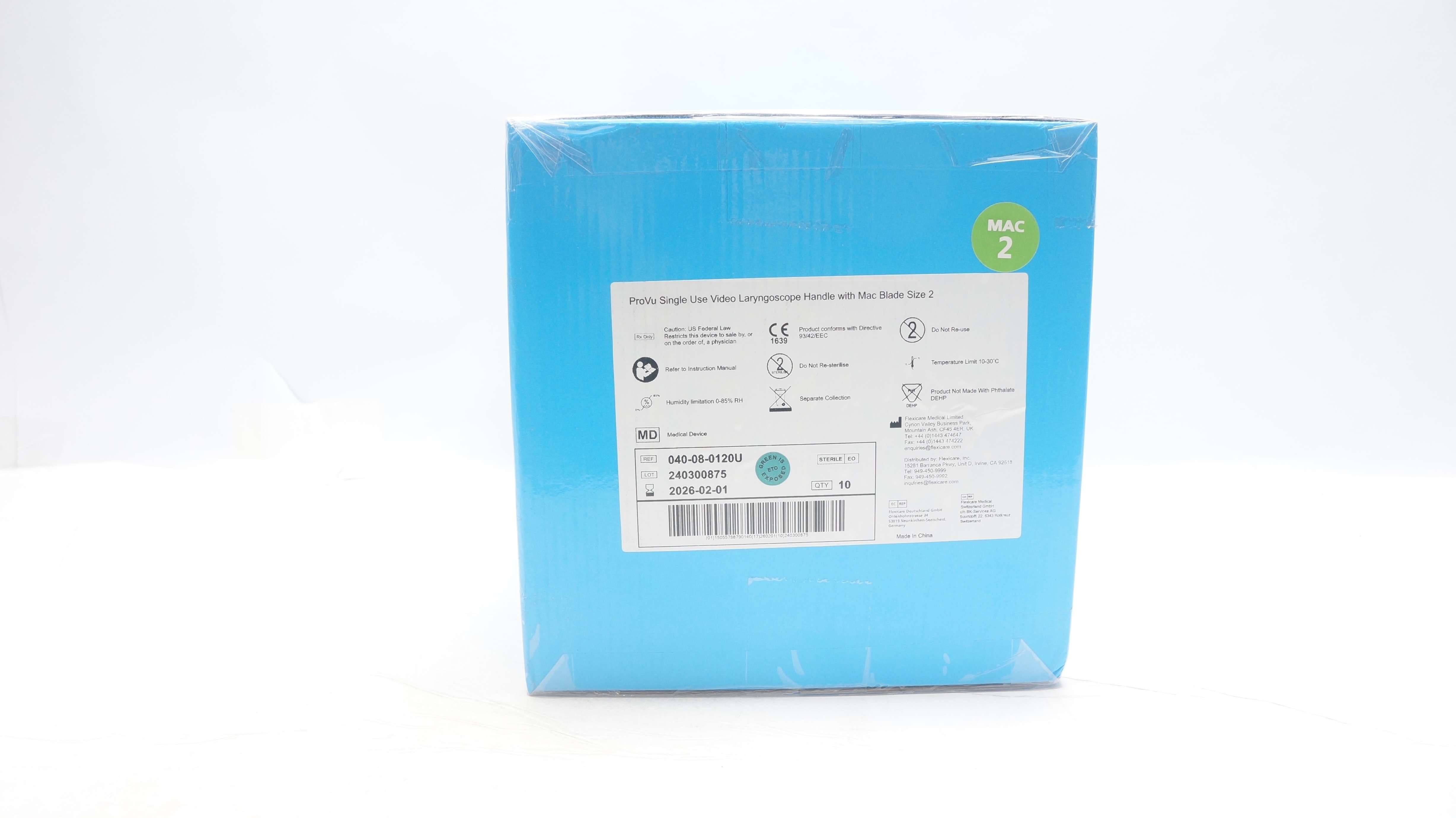 Flexicare Medical 040-08-0120U ProVu Video Laryngoscope Handle,Size 2 -Box of 10