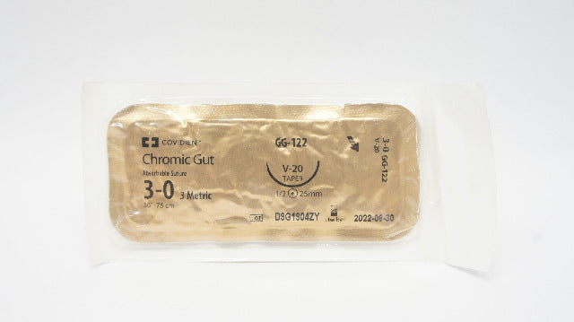 Covidien GG122 Chromic Gut Suture, Taper Point, Size 3-0, 30", Needle V-20 26 mm