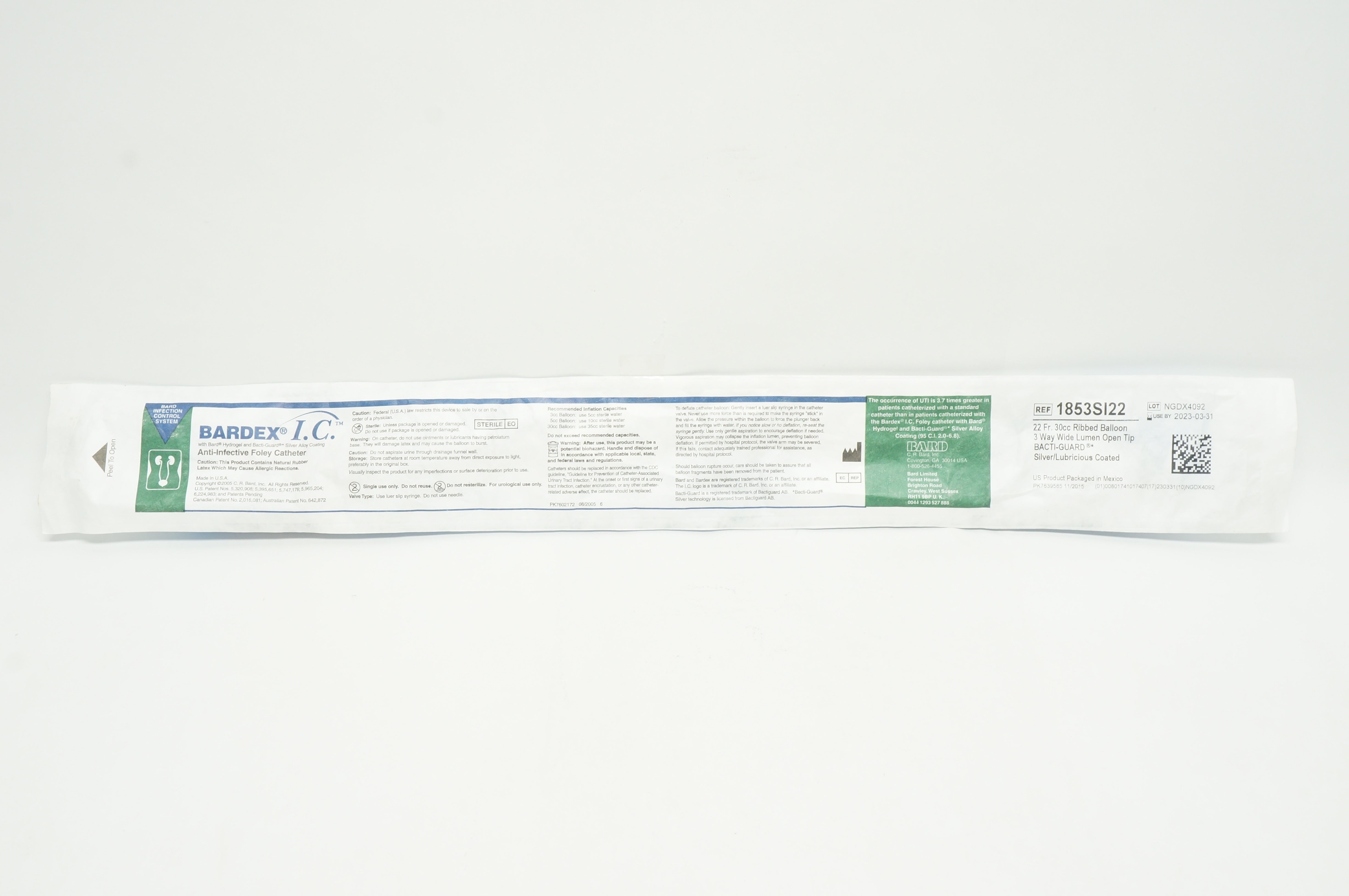 Bard 1853SI22 Anti-Infective Foley Cath. 22Fr 30cc Ribbed Balloon