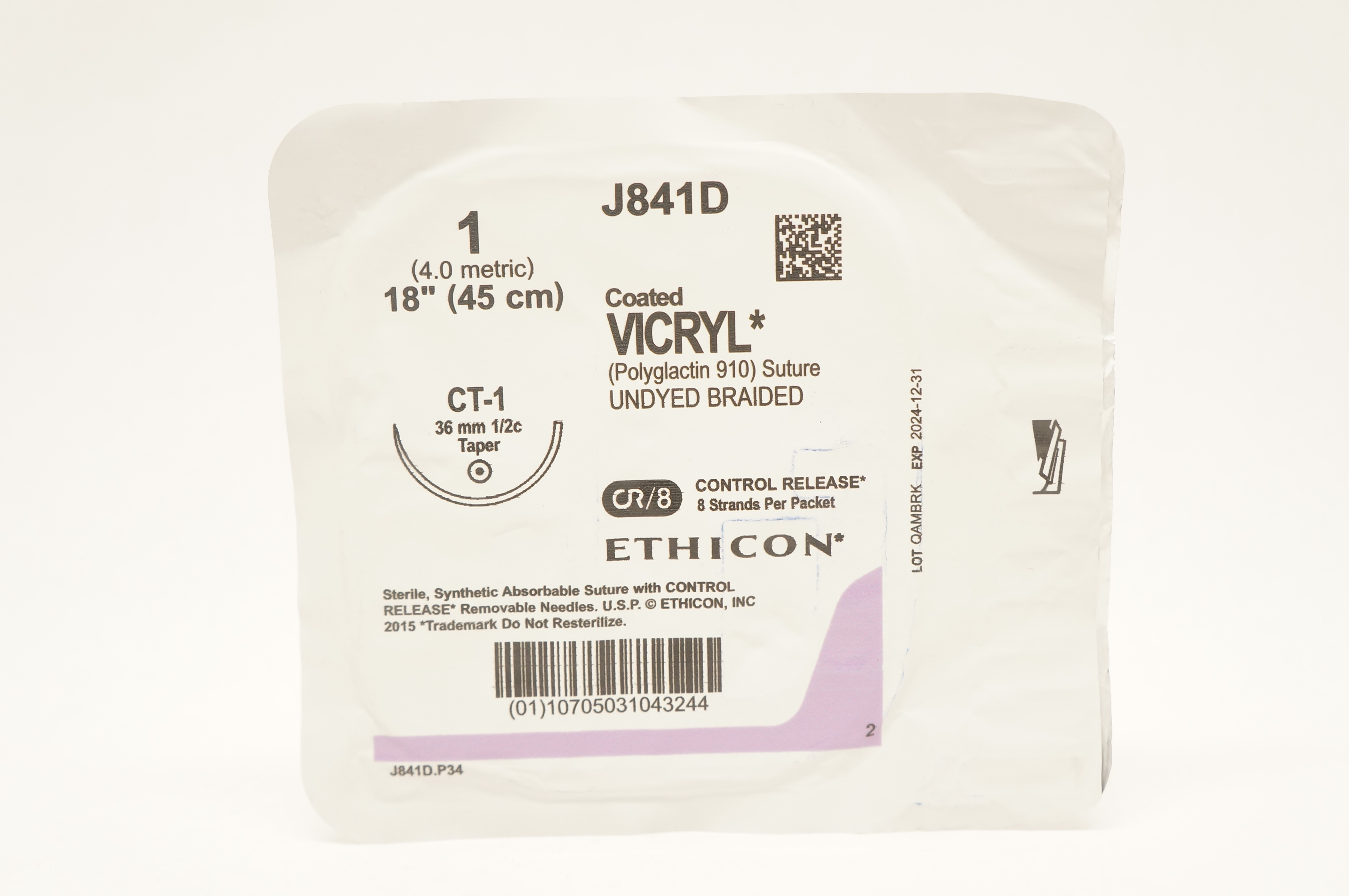 Ethicon J841D 1 Coated VICRYL Polyglactin Stre CT-1 36mm 1/2c Taper, 18inch