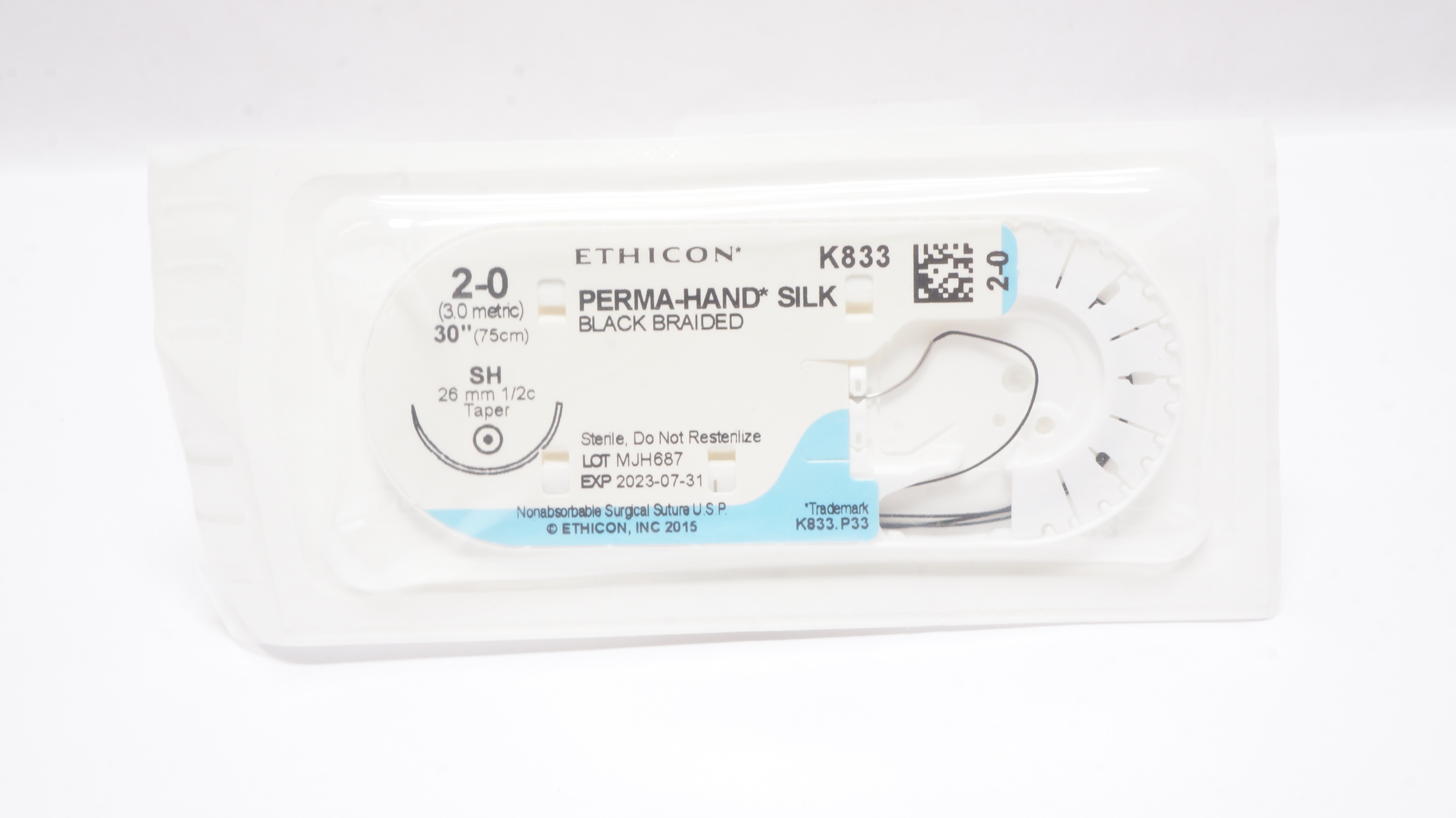 Ethicon K833 2-0 PERMA-HAND SILK Stre SH 26mm 1/2c Taperpoint 30inch