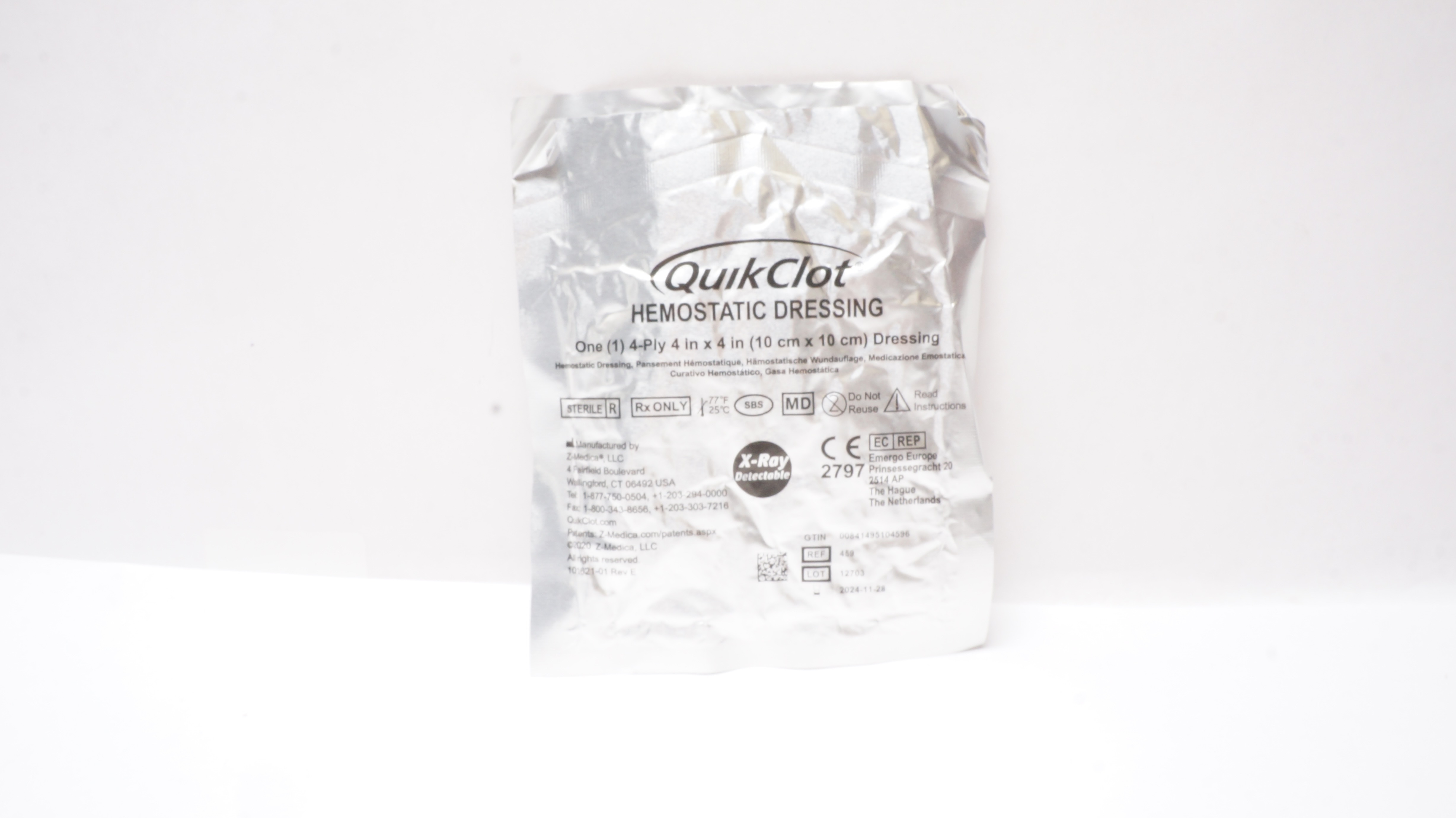 Z-Medica 459 QuikClot Hemostatic Dressing, 4-Ply 4inch x 4inch