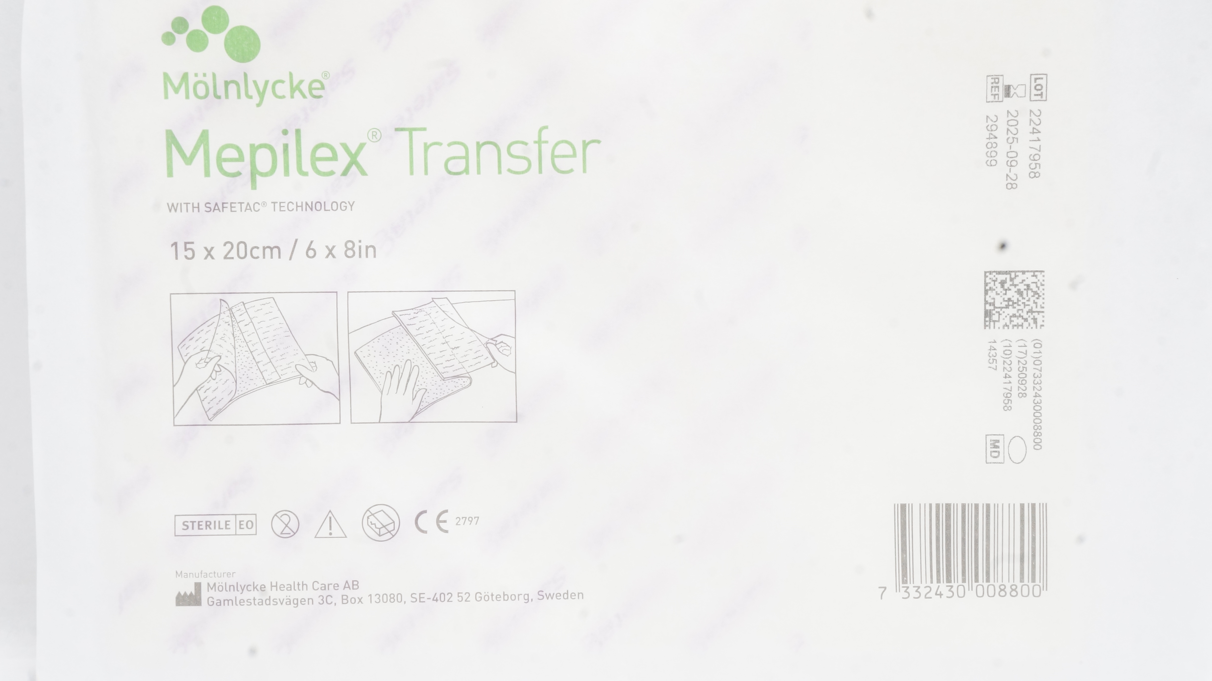 Molnlycke 294899 Mepilex Transfer Soft Silicone Exudate Dressing 6inch x 8inch
