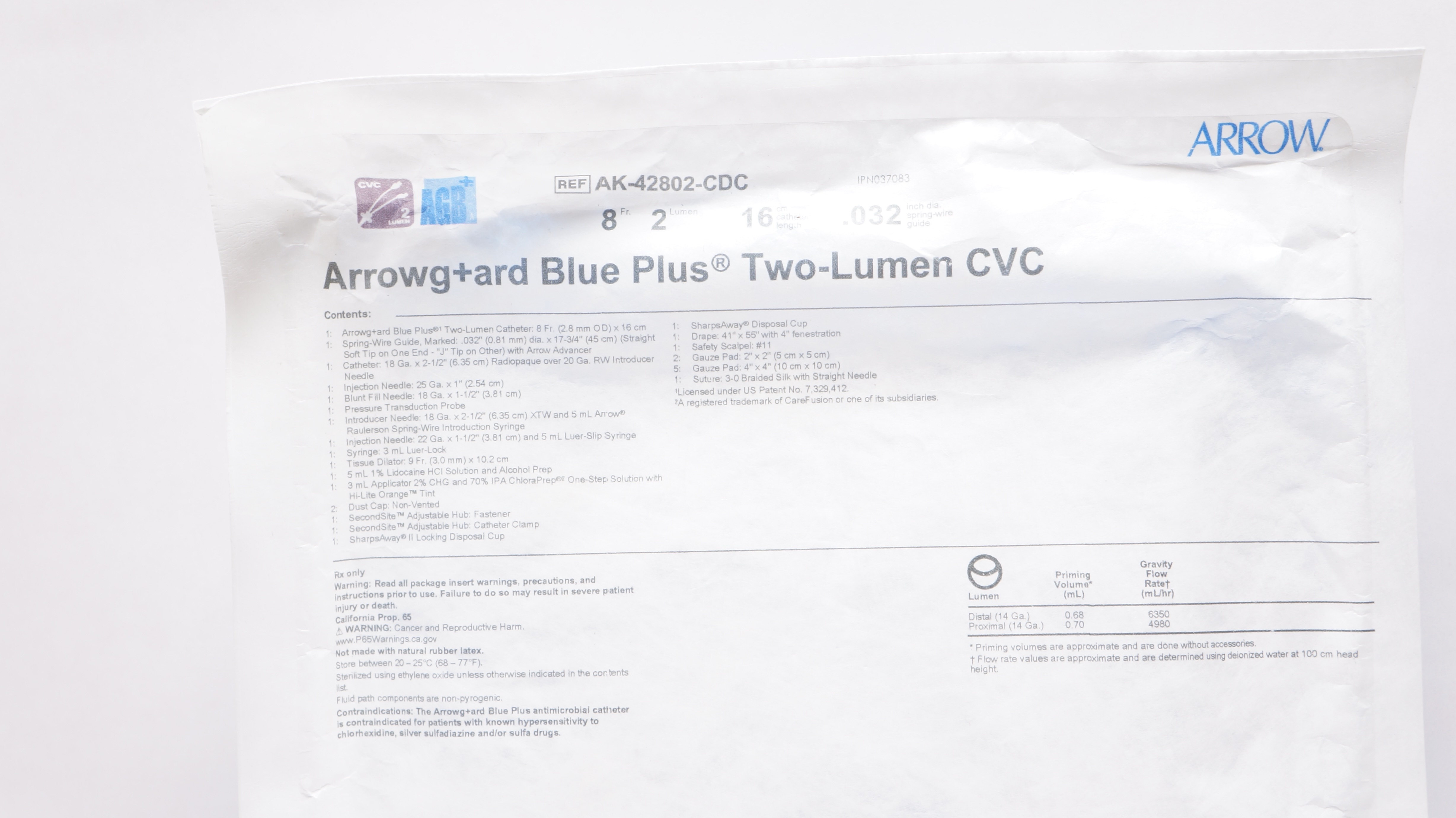 Arrow AK-42802-CDC ARROWgard Blue Plus Two-Lumen CVC 8Fr x 16cm x .032inch (x)