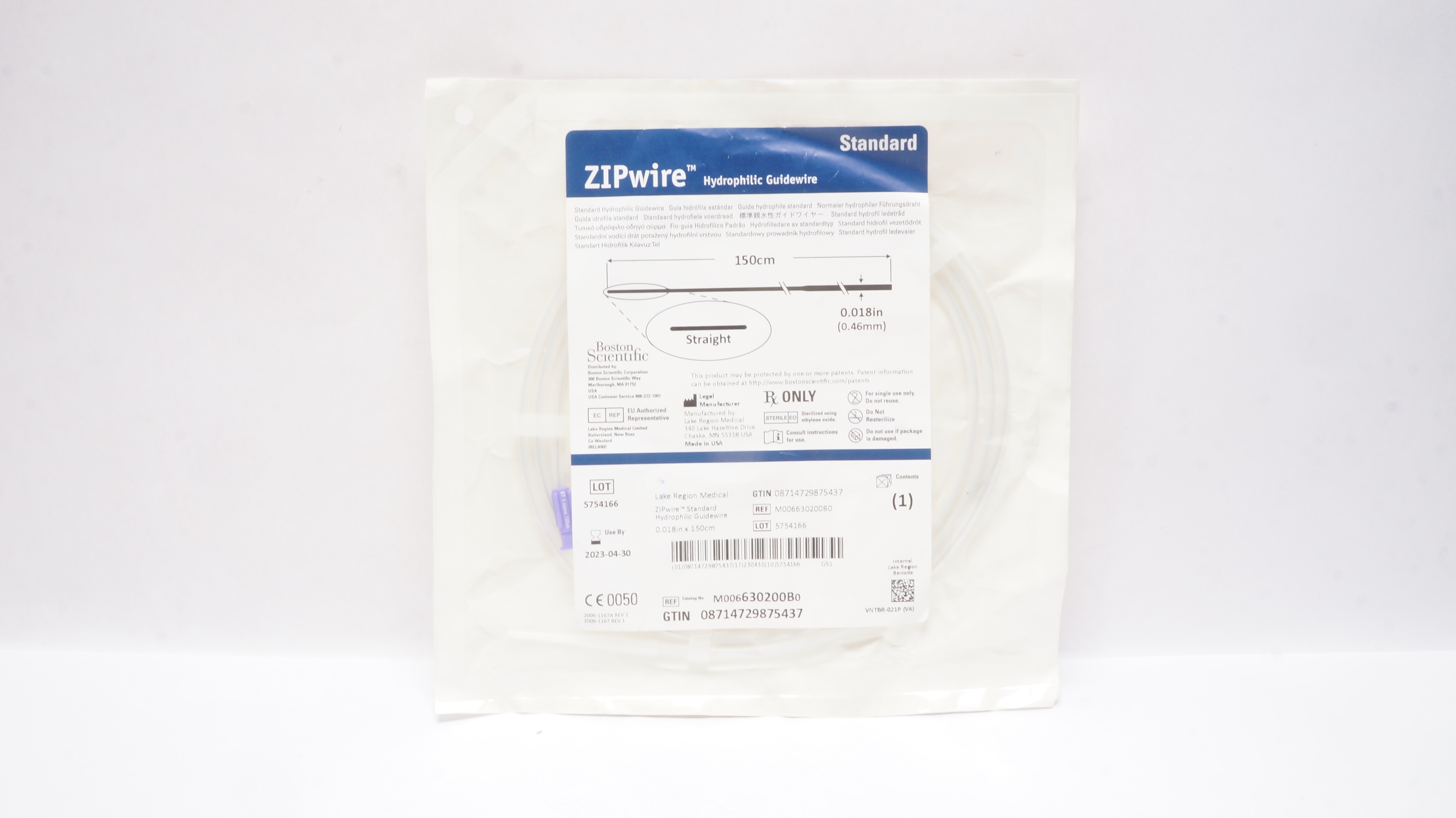 Boston Scientific M006630200BO ZIPwire Hydrophilic Guidewire 150cmx 0.018inch(x)