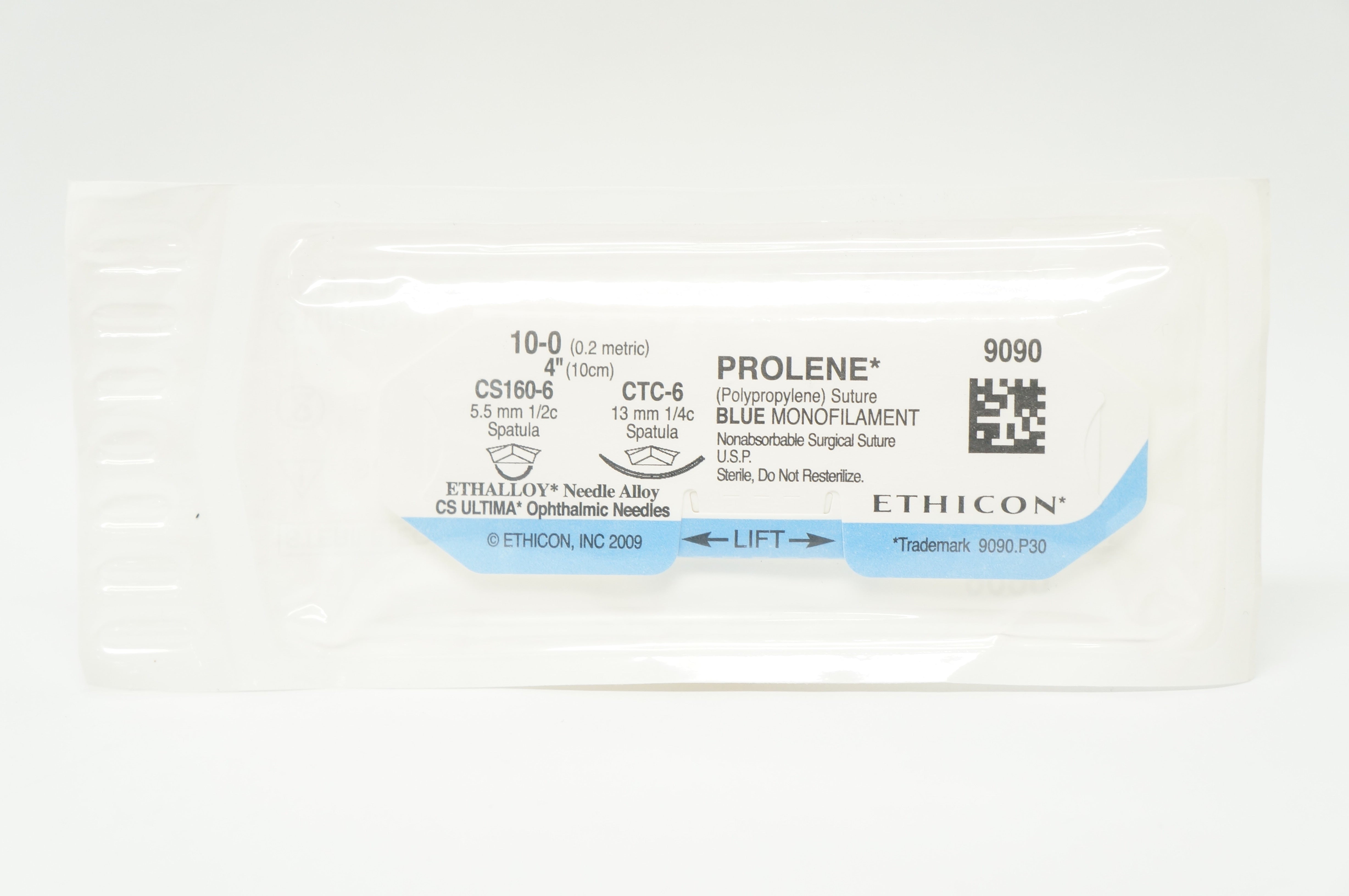 Ethicon 9090 10-0 PROLENE CS160-6 Blue Monofilament 5.5mm 1/2c Spatula, 4in (x)