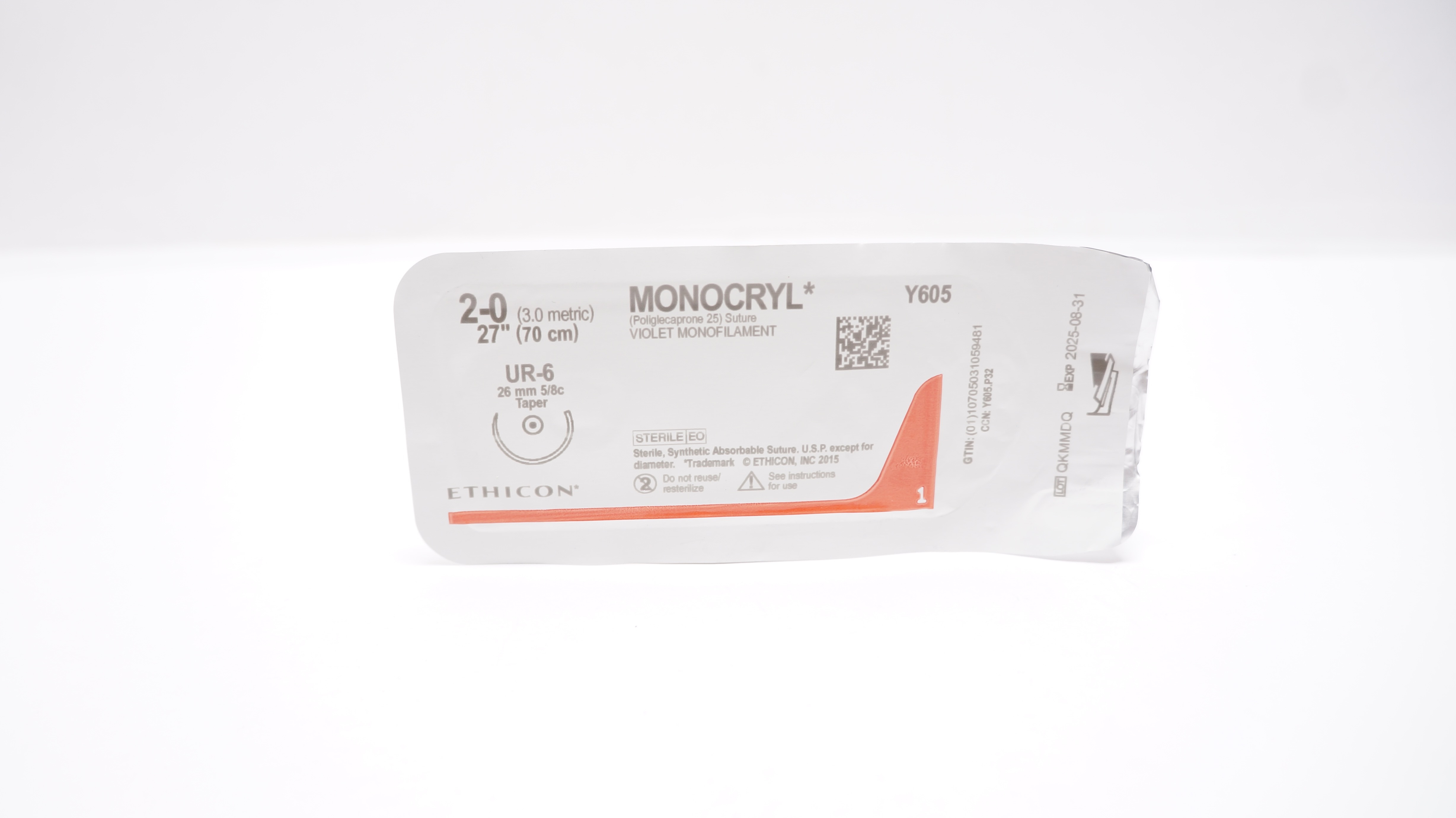 Ethicon Y605 2-0 MONOCRYL Violet Monofilament, UR-6, 26mm 5/8c Taper, 27inch