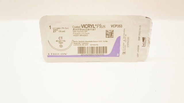 Ethicon VCP353 1 Coated VICRYL Plus, CT, 40mm 1/2c Taper, 27inch (x)