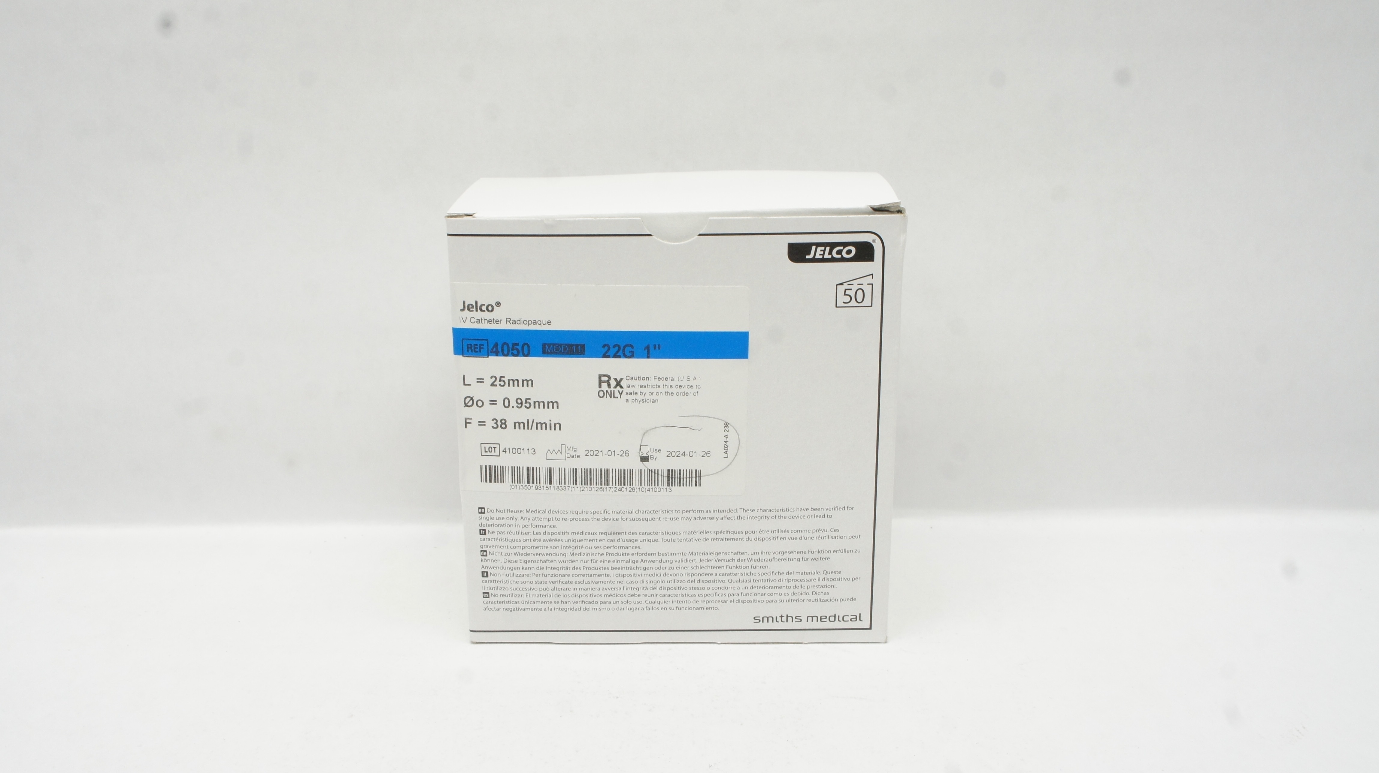 Smiths Medical 4050 Jelco I.V. Cath. Radiopaque 22G x 1inch (x) - Box of 50