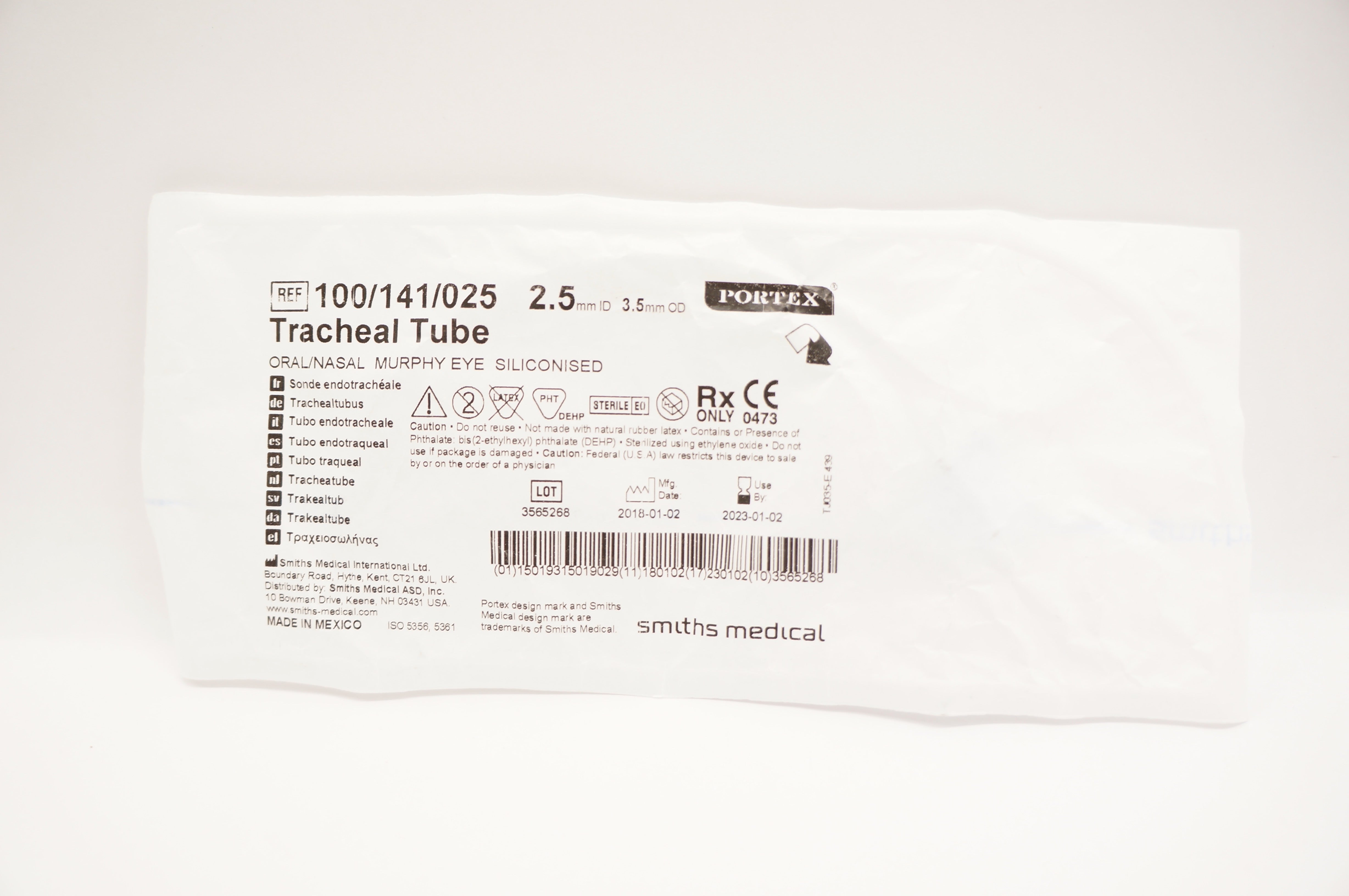 Smiths Medical 100/141/025 Portex Oral/Nasal Tracheal Tube 2.5 x 3.5mm