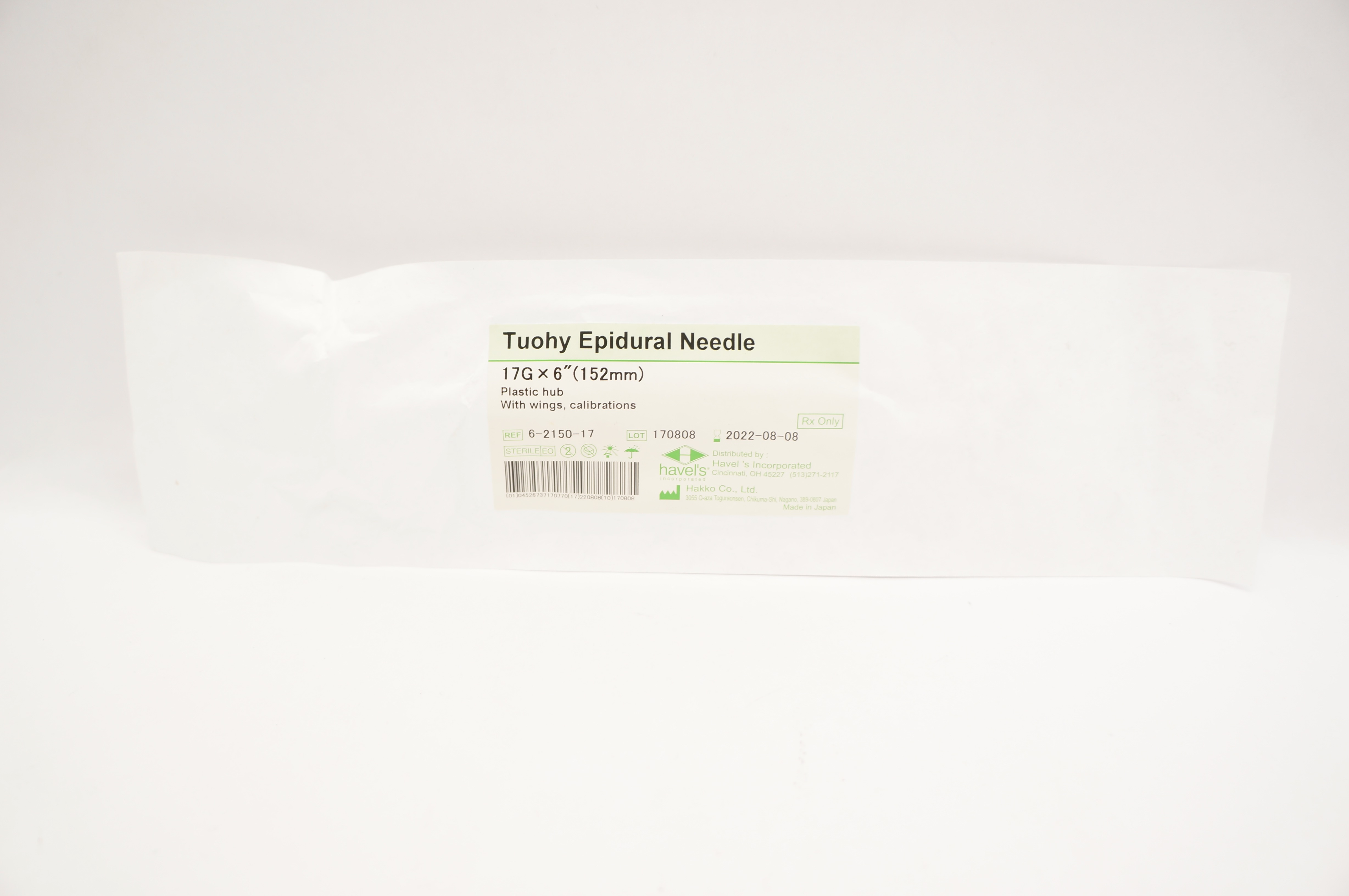 Hakko 6-2150-17 Havel's Tuohy Epidural Ndle 17G x 6inch (x)