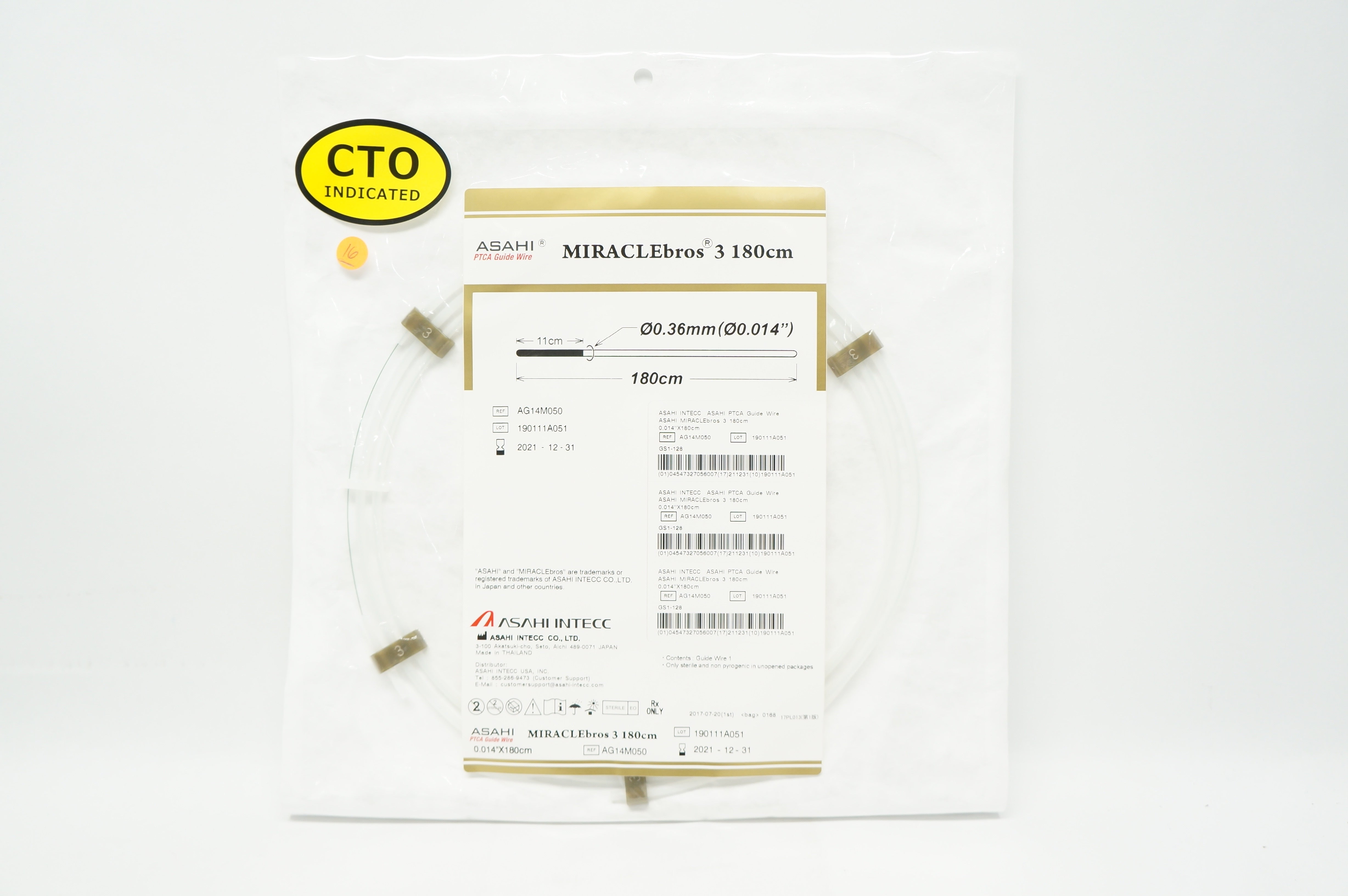 Asahi Intecc AG14M050 MIRACLEbros 3 PTCA Guide Wire, 0.014in. x180cm.