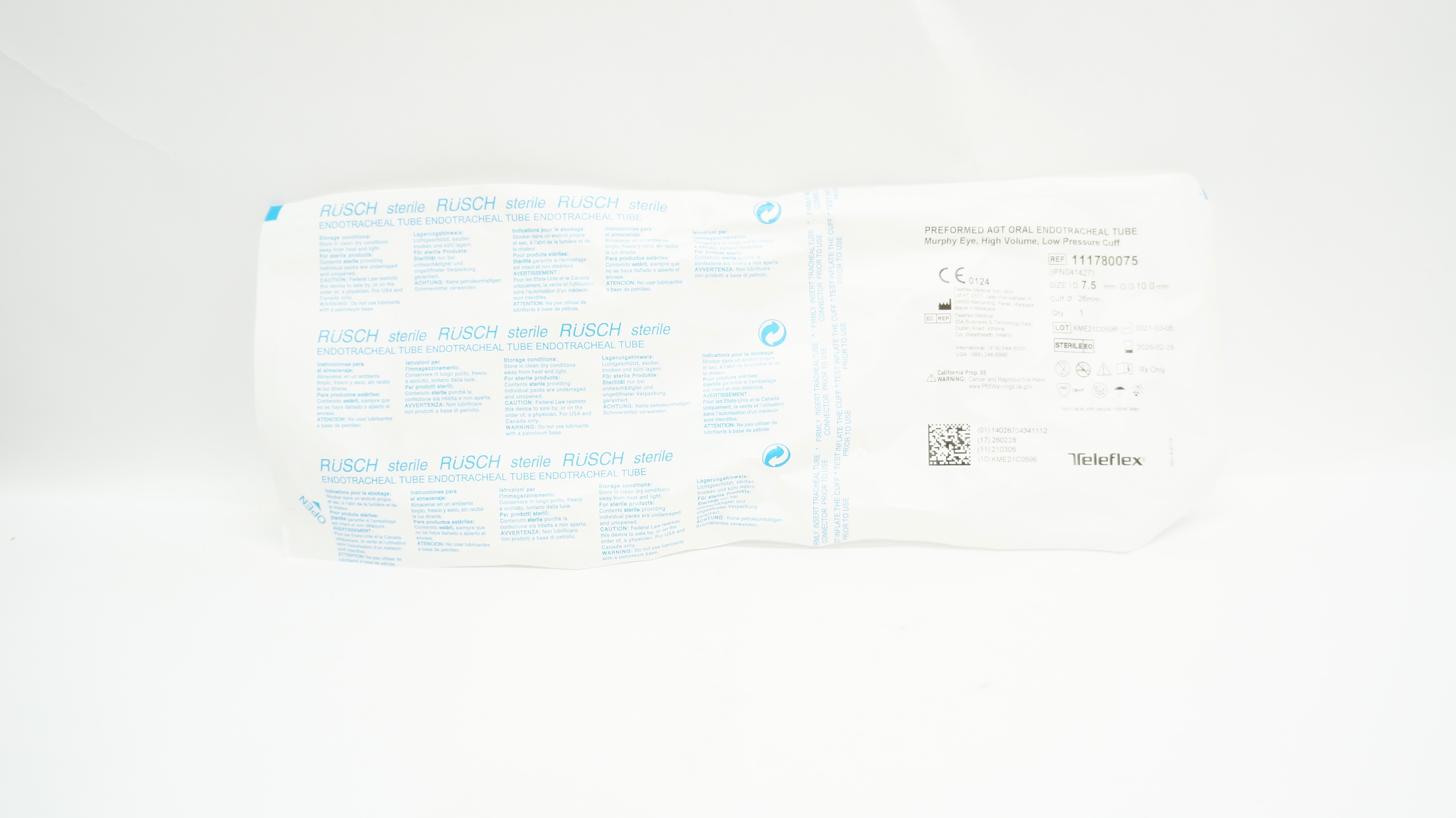 Teleflex 111780075 Preformed AGT Oral Endotracheal Tube 7.5mm