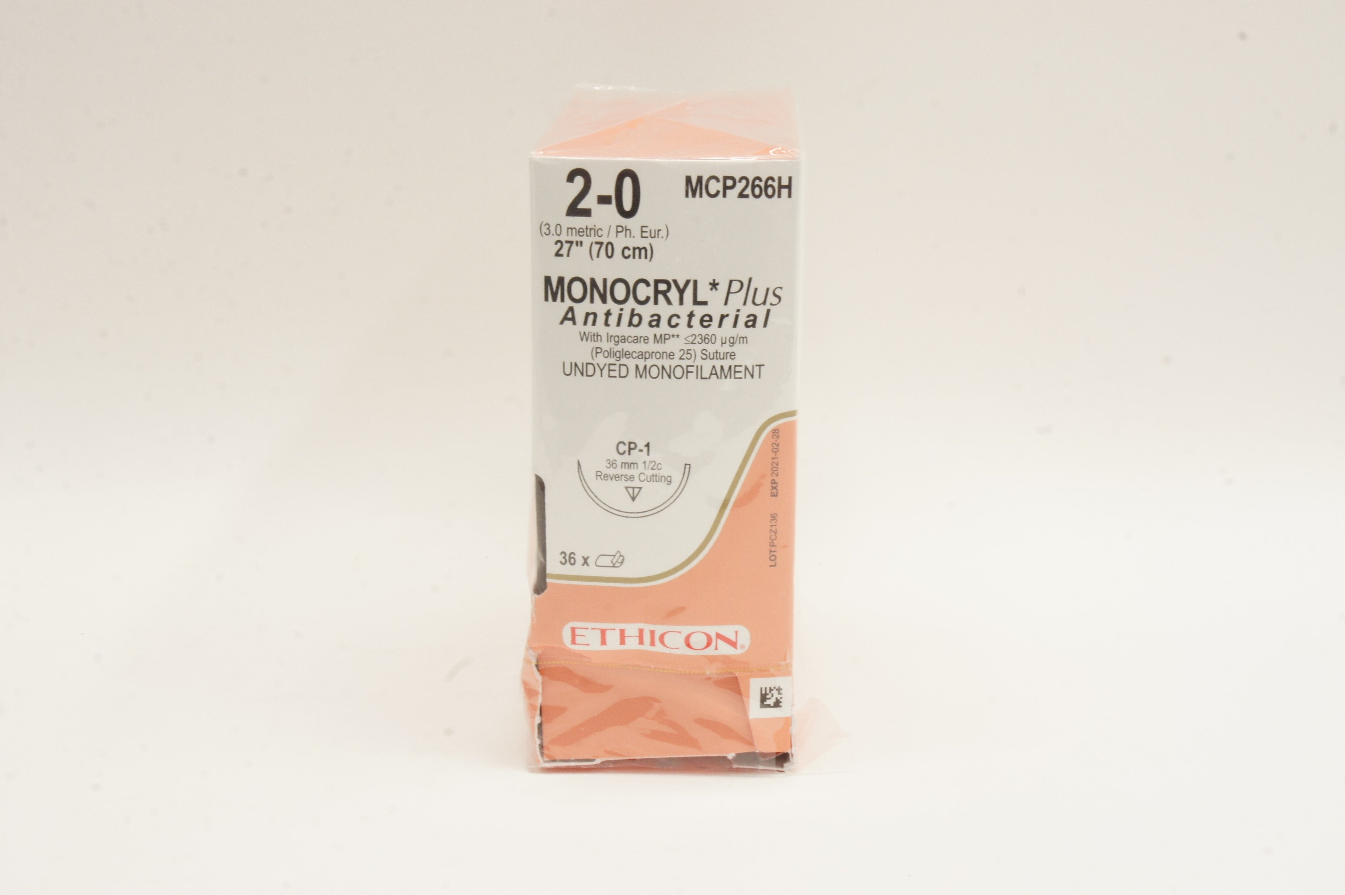Ethicon MCP266H 2-0 Monocryl Plus Stre CP-1 36mm 1/2c, 27inch (x) - Box of 36
