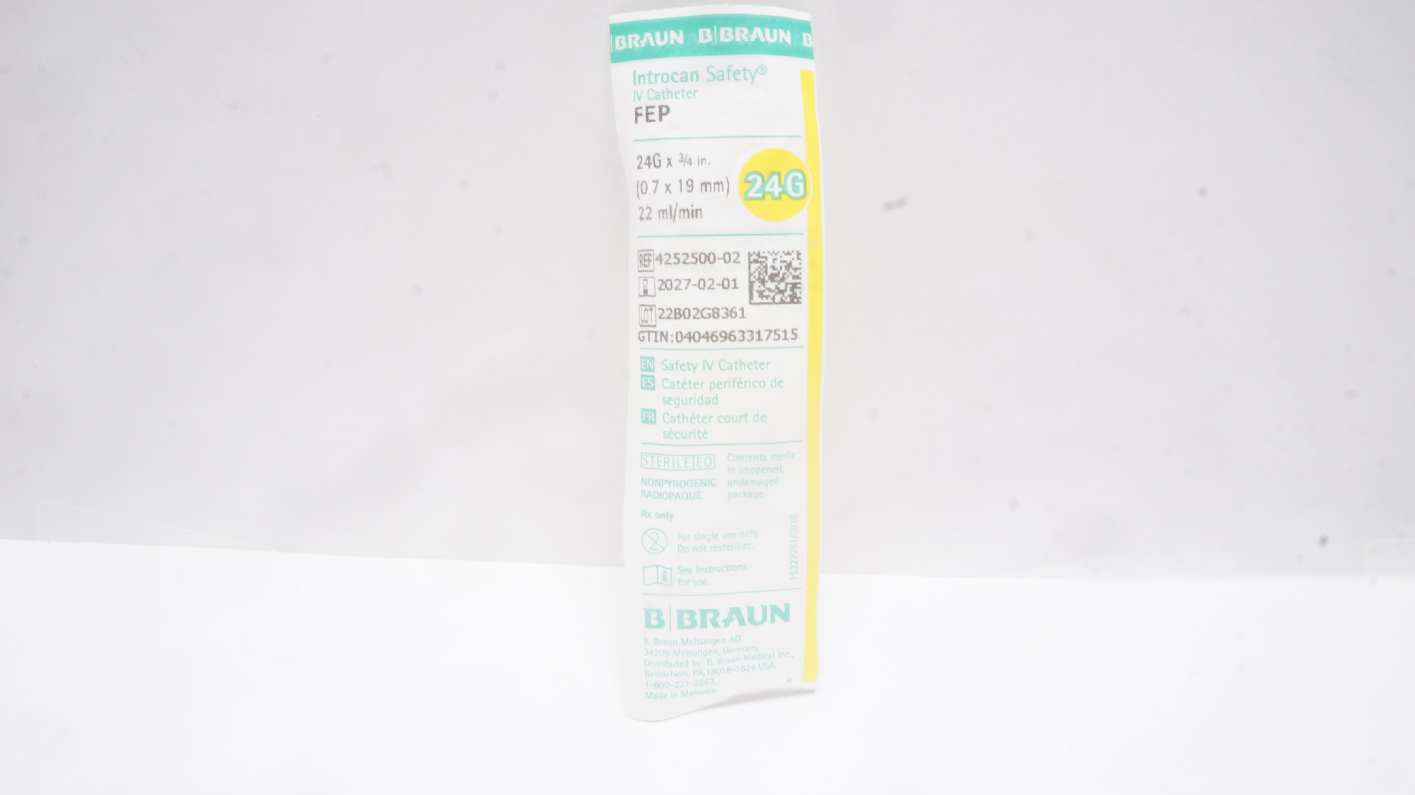 Braun 4252500-02 Introcan Safety IV Cath. 24G x 3/4 inch 22 ml/min