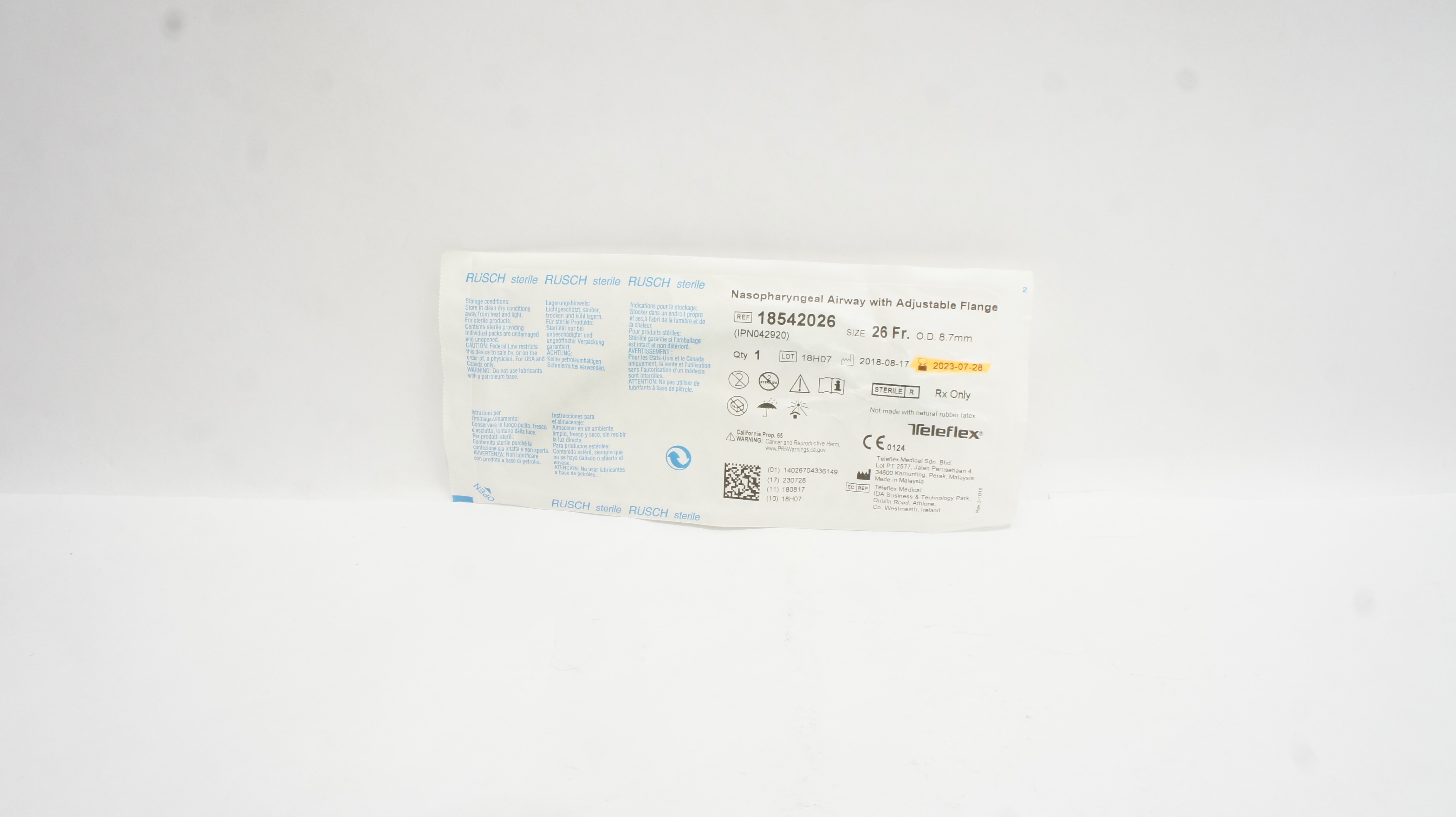 Teleflex 18542026 Nasopharyngeal Airway w/Adjustable Flange 26Fr. x 8.7mmO.D.(x)