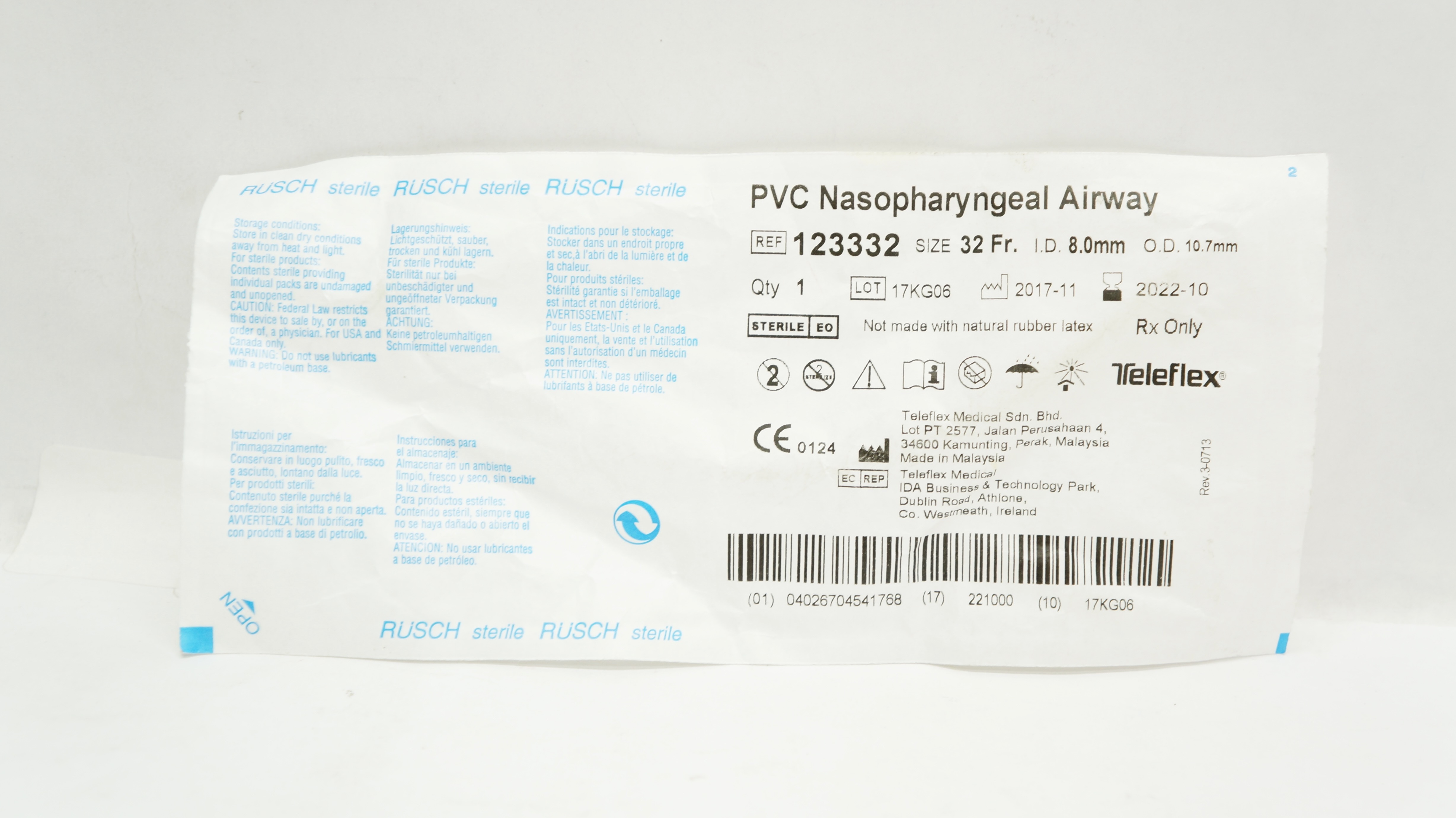 Teleflex 123332 Rusch PVC Nasopharyngeal Airway 32 Fr x 8.0mm ID x 10.7mm OD (x)