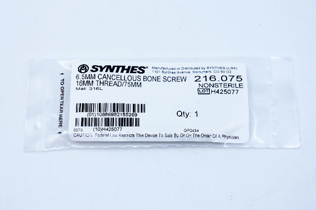 Synthes 216.075 6.5mm Cancellous Bone Screw 16mm Thread/75mm