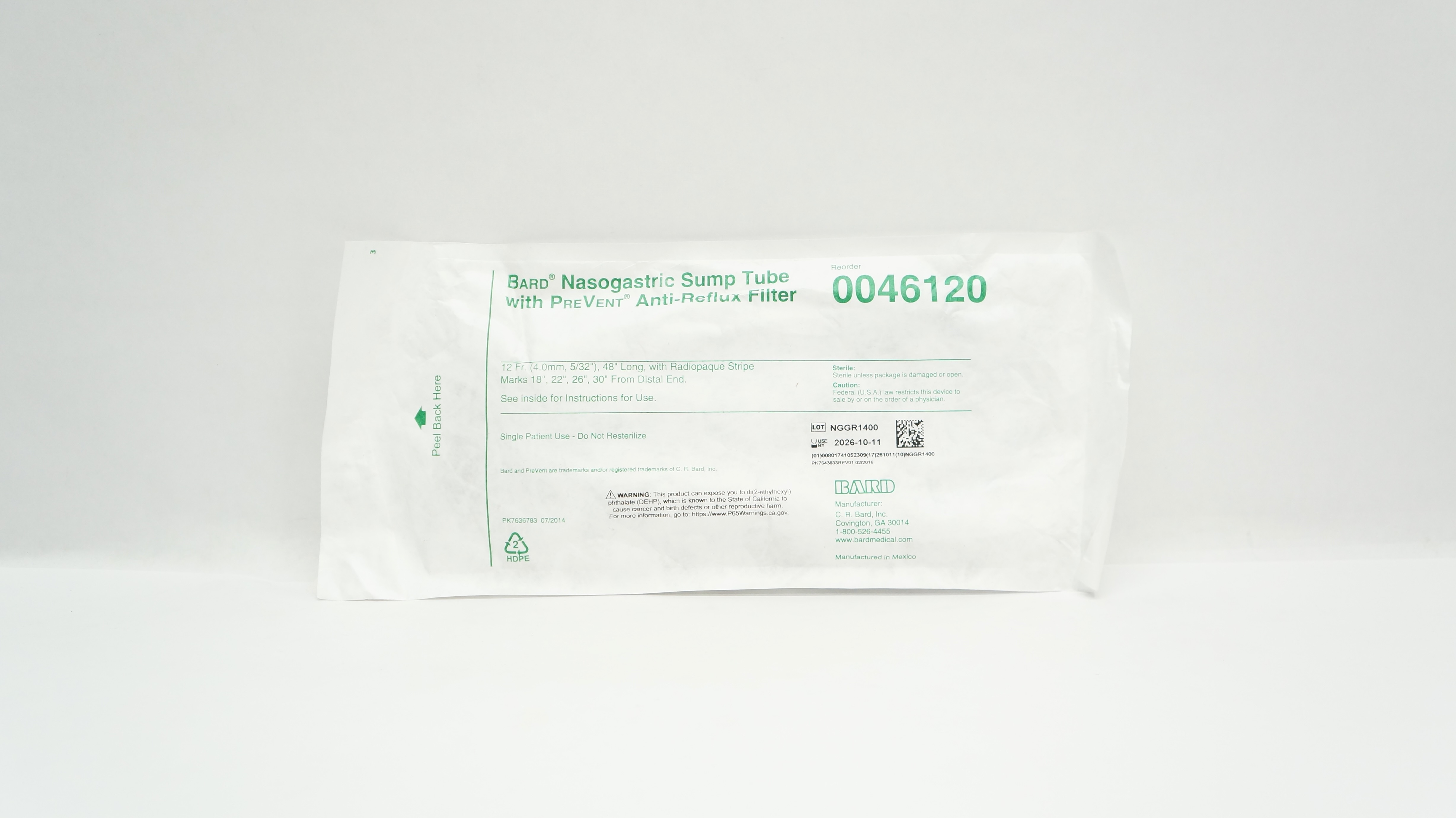 Bard 0046120 Nasogastric Sump Tube with PreVent Anti-Reflux Filter 12Fr x 48inch