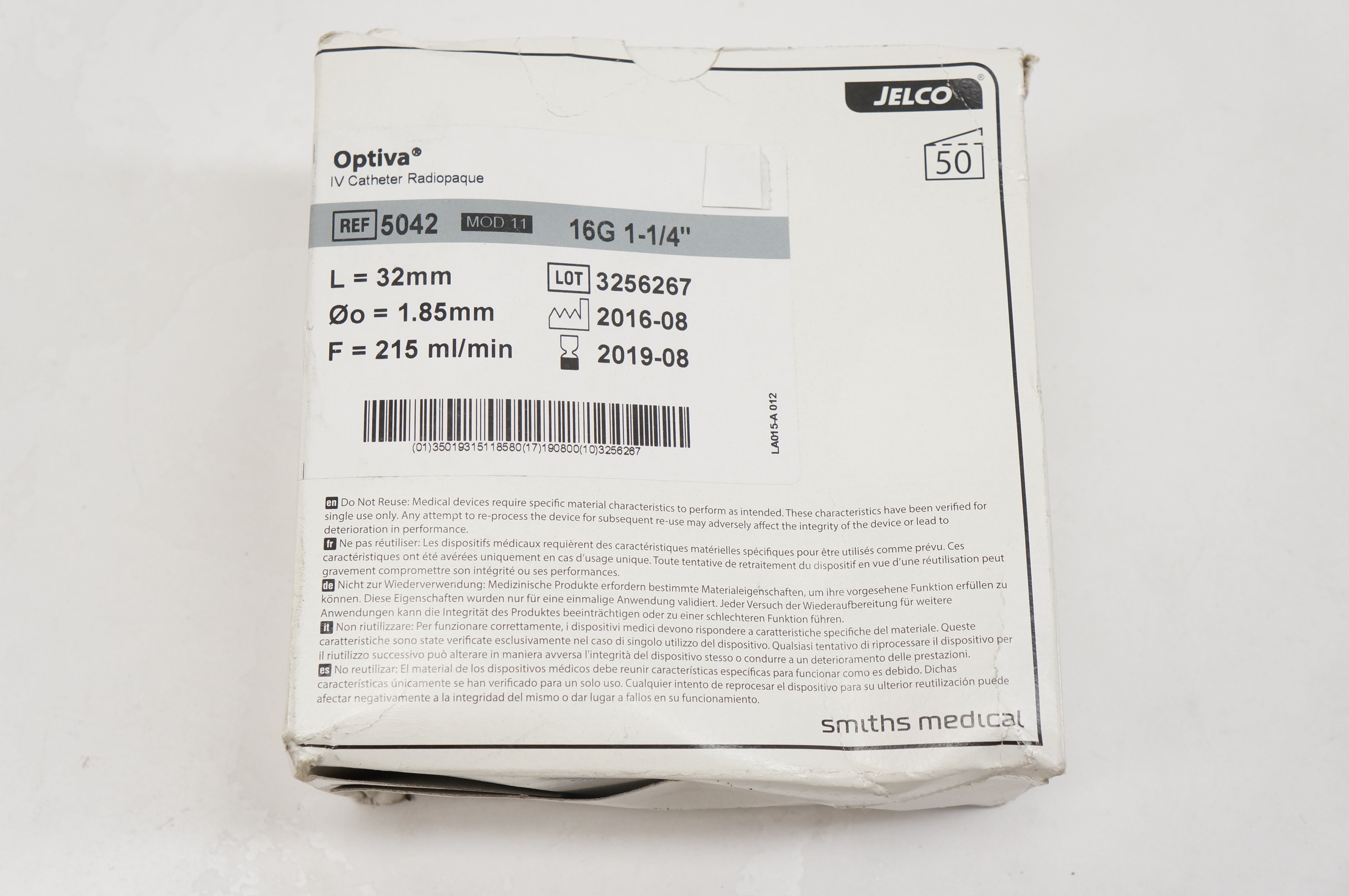 Smiths Medical 5042 Jelco Optiva IV Cath. 16G x 1-1/4inch (x) - Box of 50