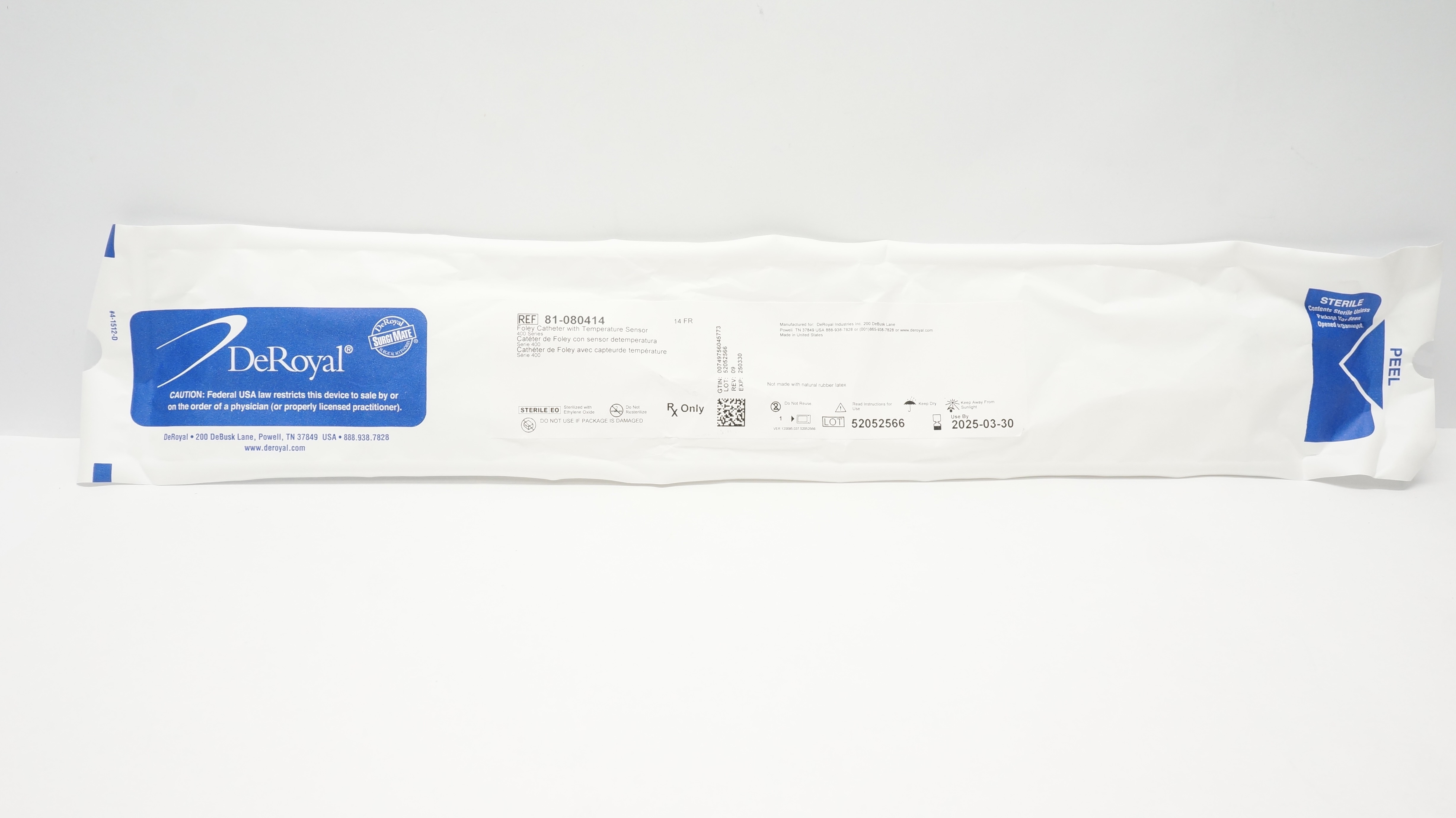 DeRoyal 81-080414 Foley Cath. With Temperature Sensor 14Fr