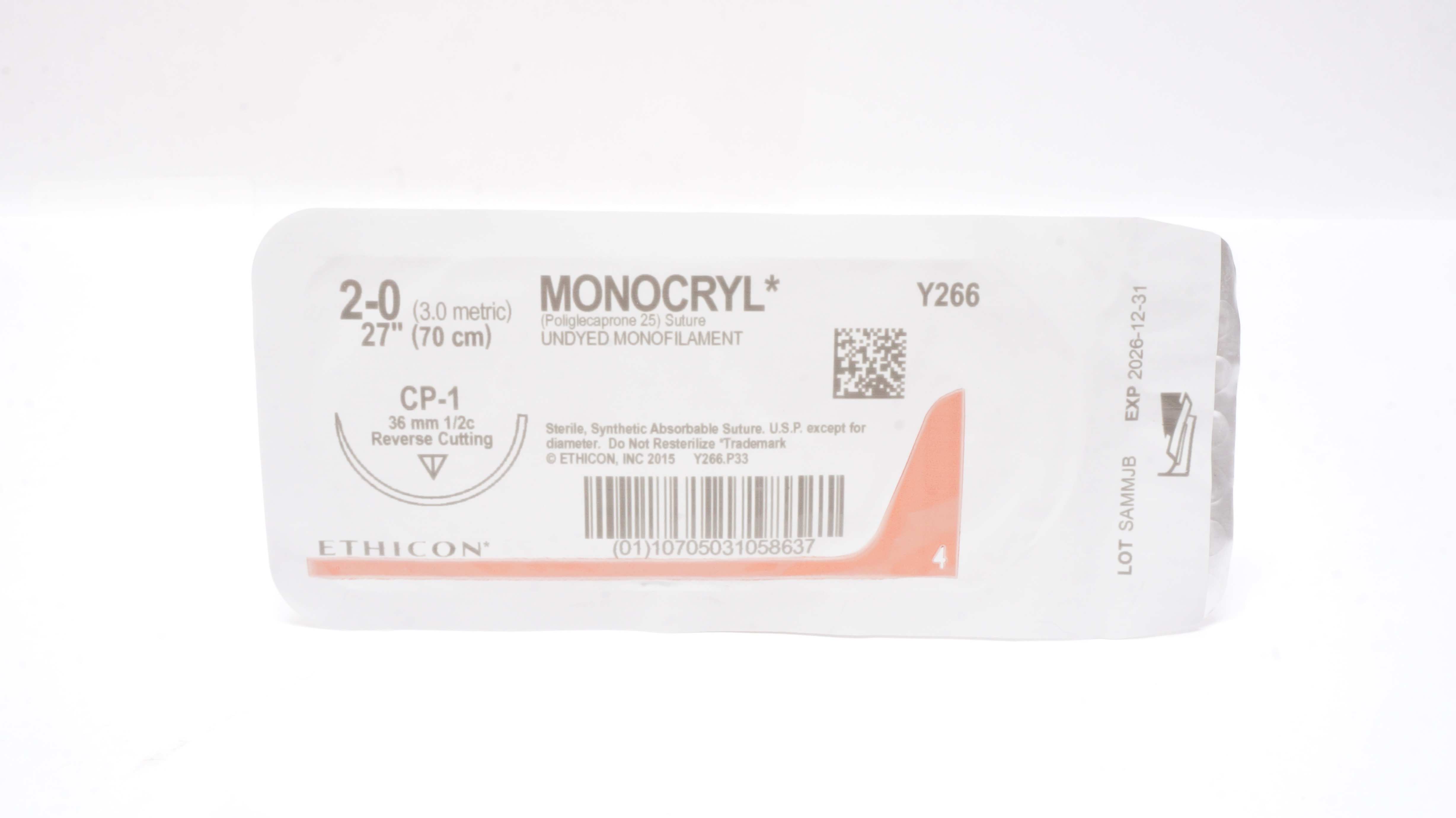 Ethicon Y266 2-0 MONOCRYL, CP-1, 36mm 1/2c, 27inch
