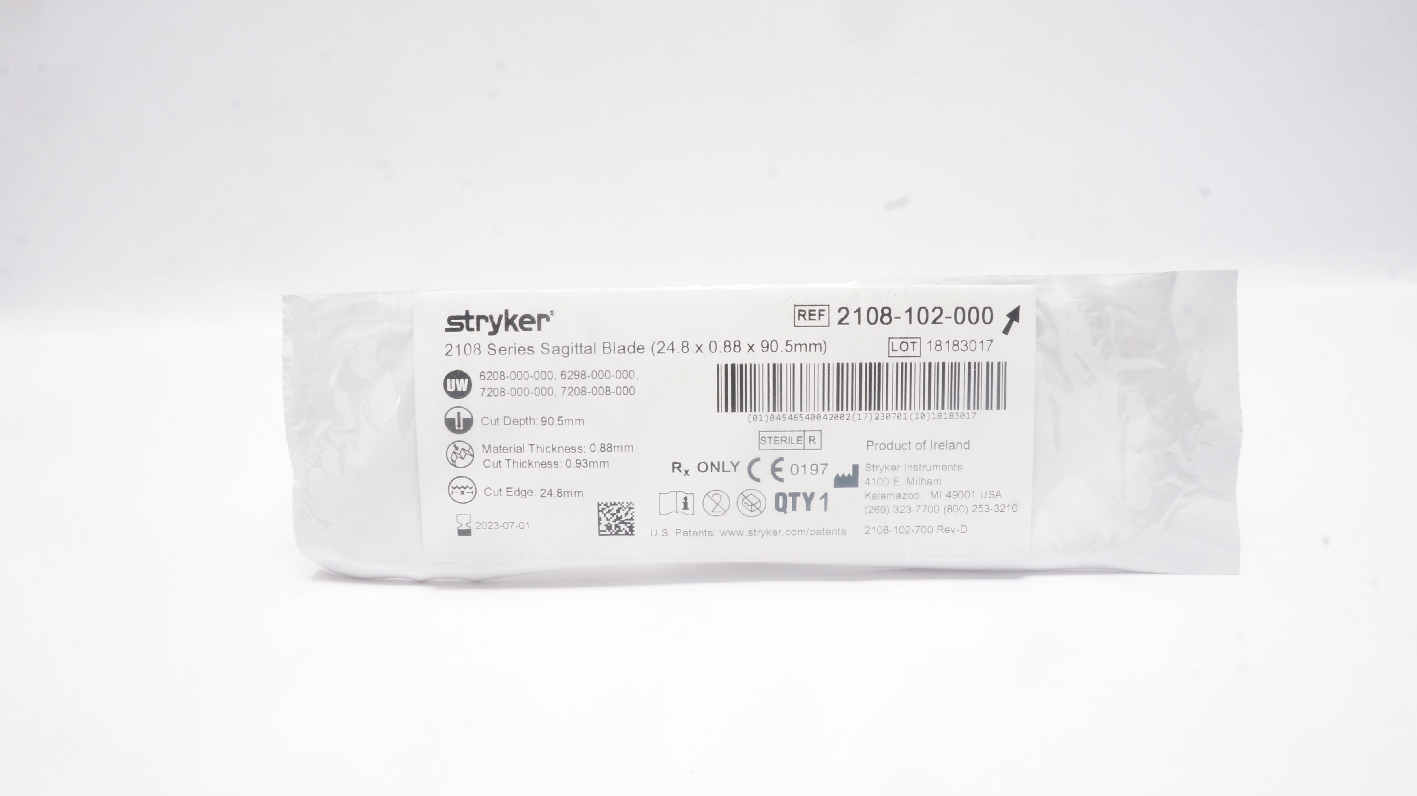 Stryker 2108-102-000, 2108 Sagittal Blade 24.8 x 0.88 x 90.5mm (x)