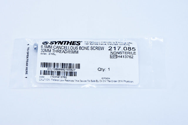Synthes 217.085 6.5mm Cancellous Bone Screw 32mm Thread/85mm