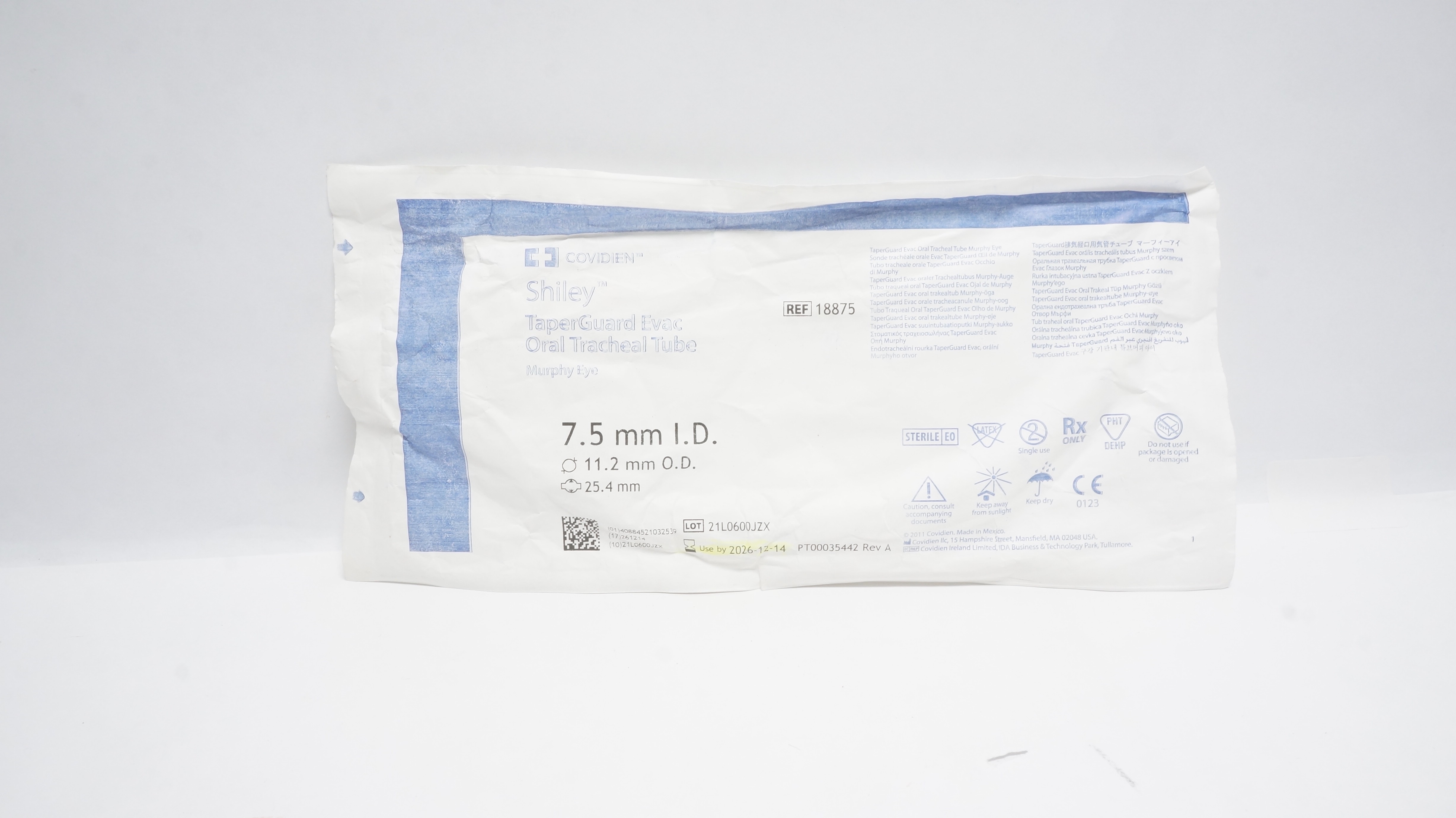 Covidien 18875 Shiley TaperGuard Evac Oral Tracheal Tube 7.5 ID 11.2 OD x 25.4mm