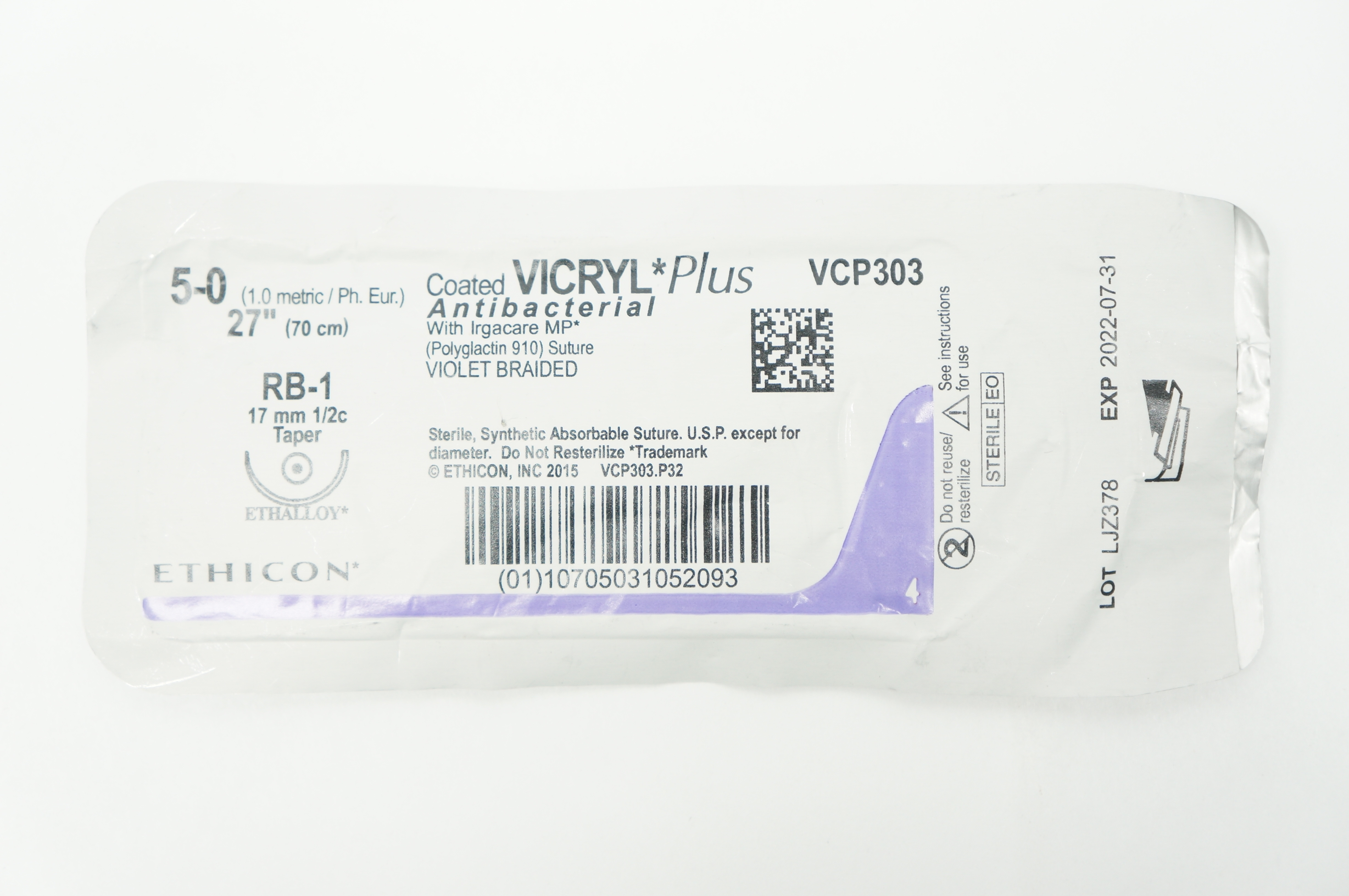 Ethicon VCP303 5-0 VICRYL Plus RB-1 17mm 1/2c Taper 27inch