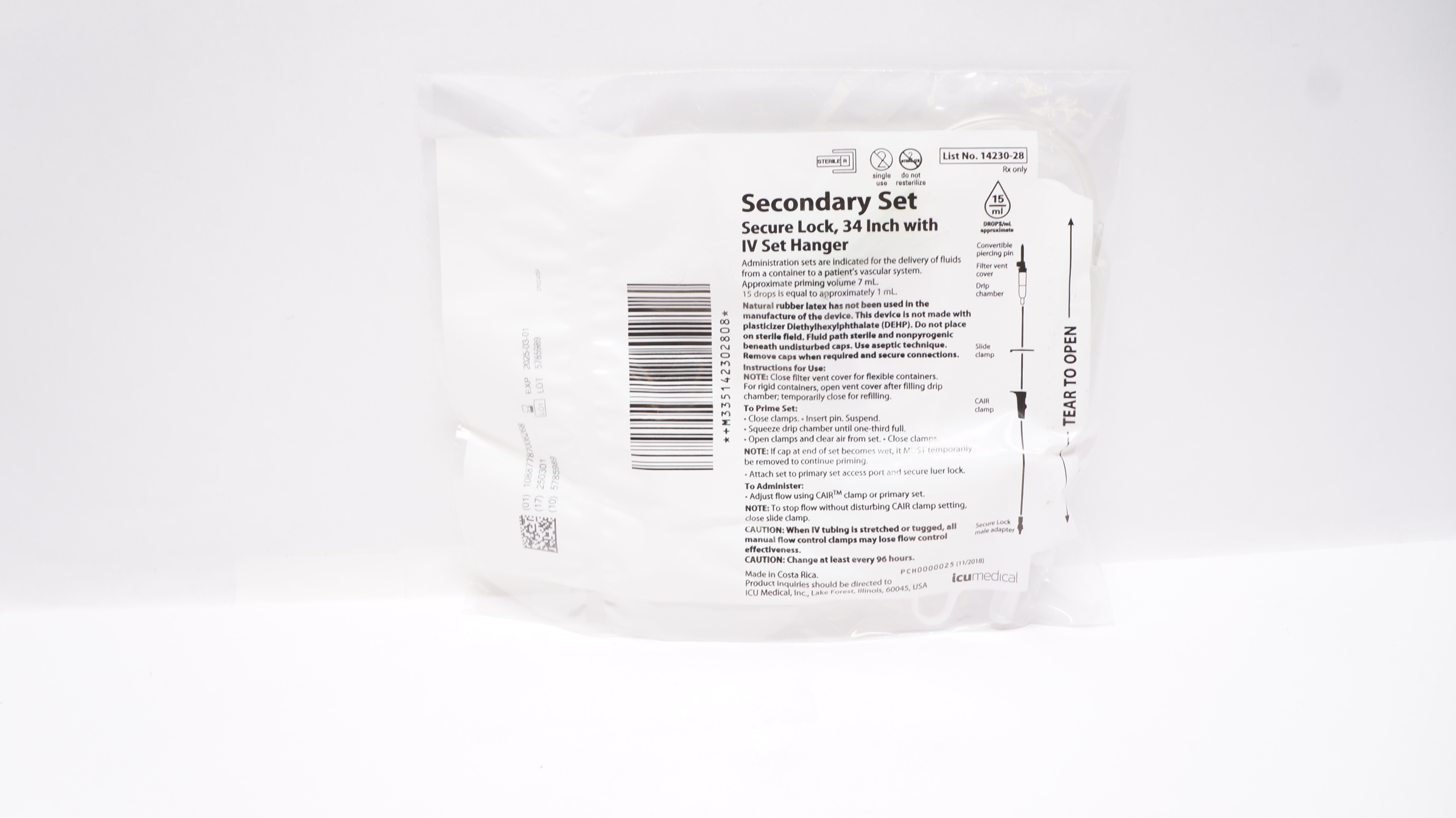 ICUMedical 14230-28 Secondary Set Secure Lock 34inch w/IV Set Hanger 15 Drops/mL