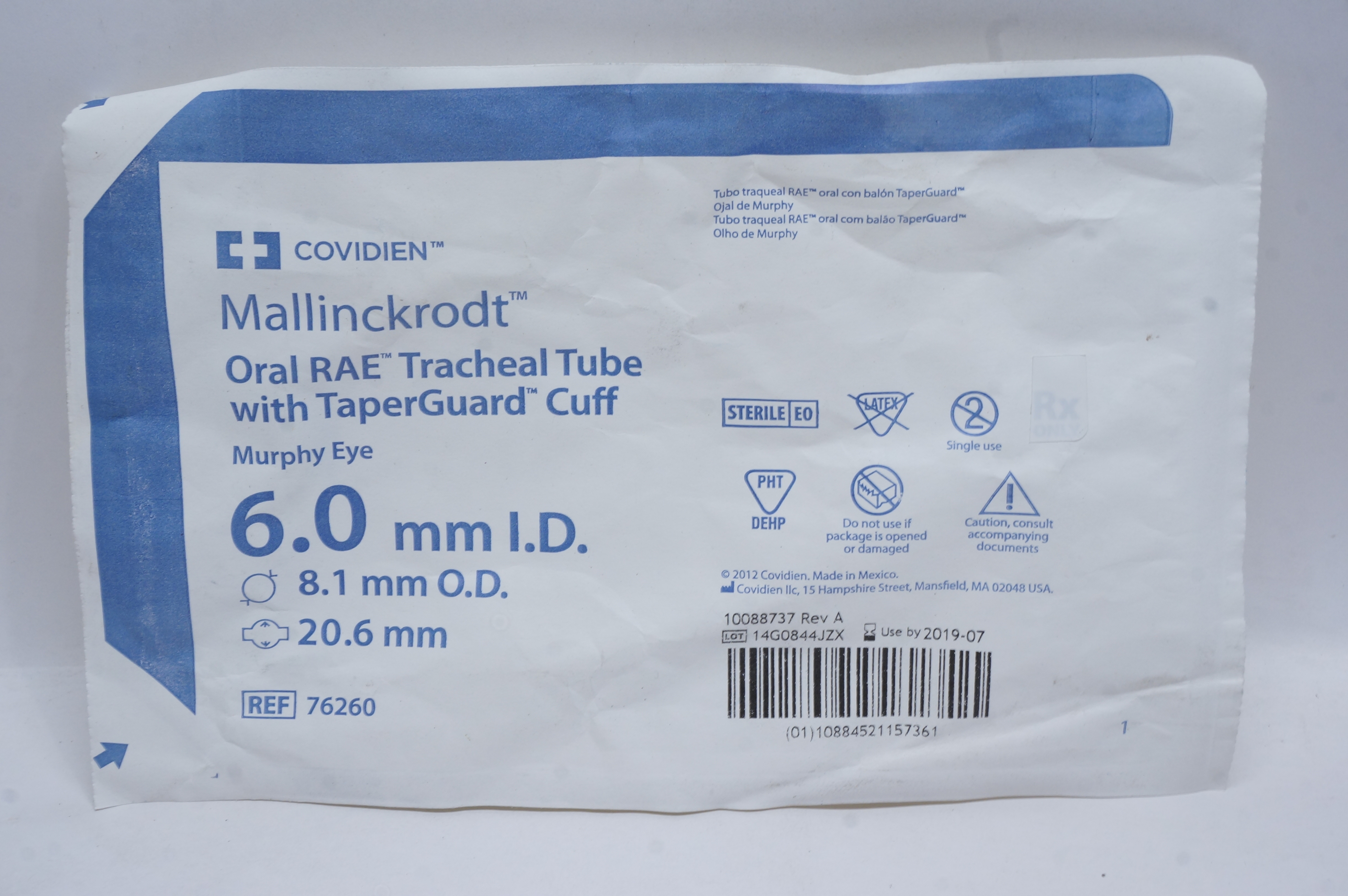 Covidien 76260 Mallinckrodt Oral RAE Tracheal Tube 6.0mm ID, 8.1mm OD (x)