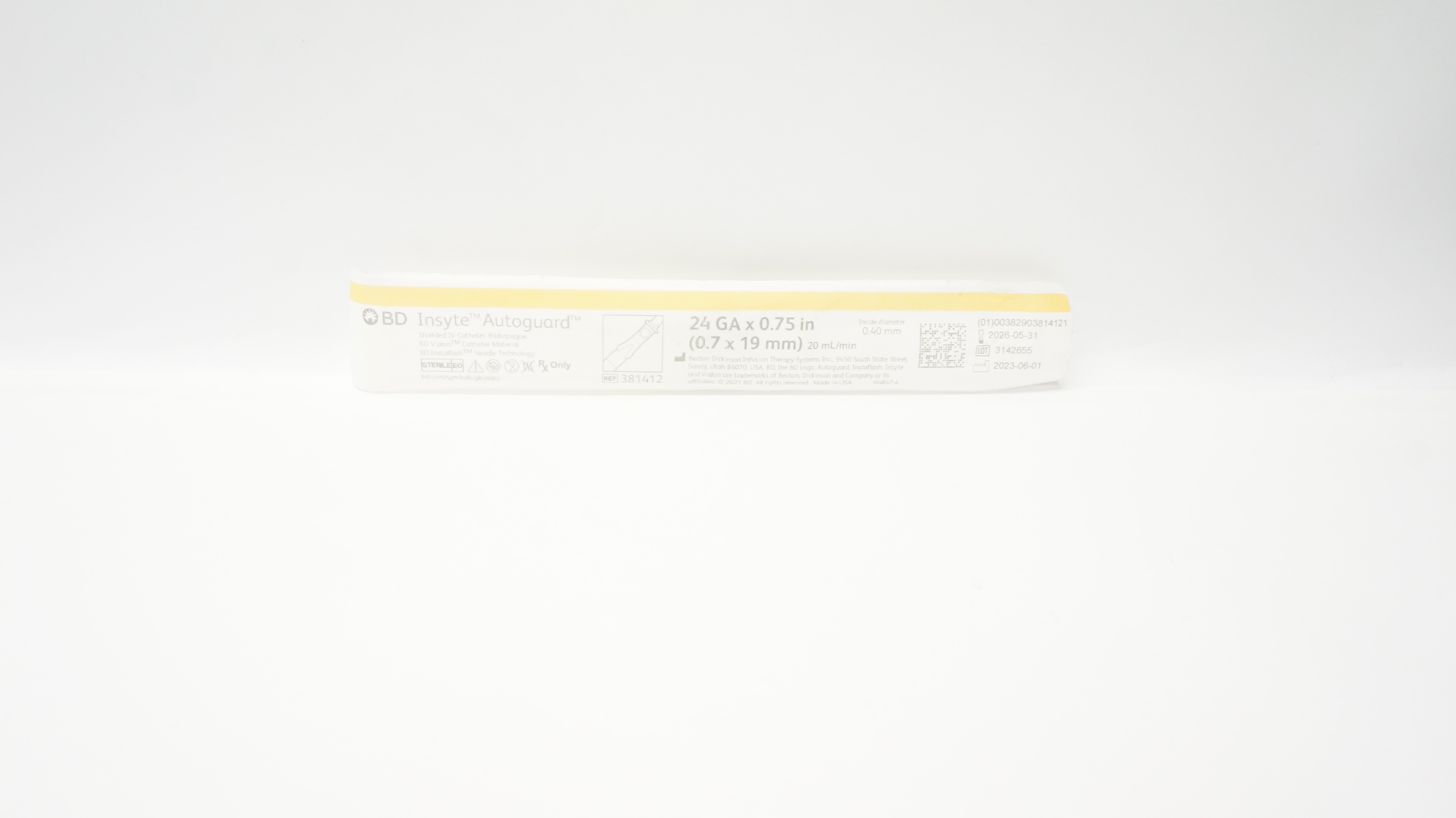 BD 381412 Insyte Autoguard Shielded I.V. Cath. 24Ga x 0.75inch,  20mL/min