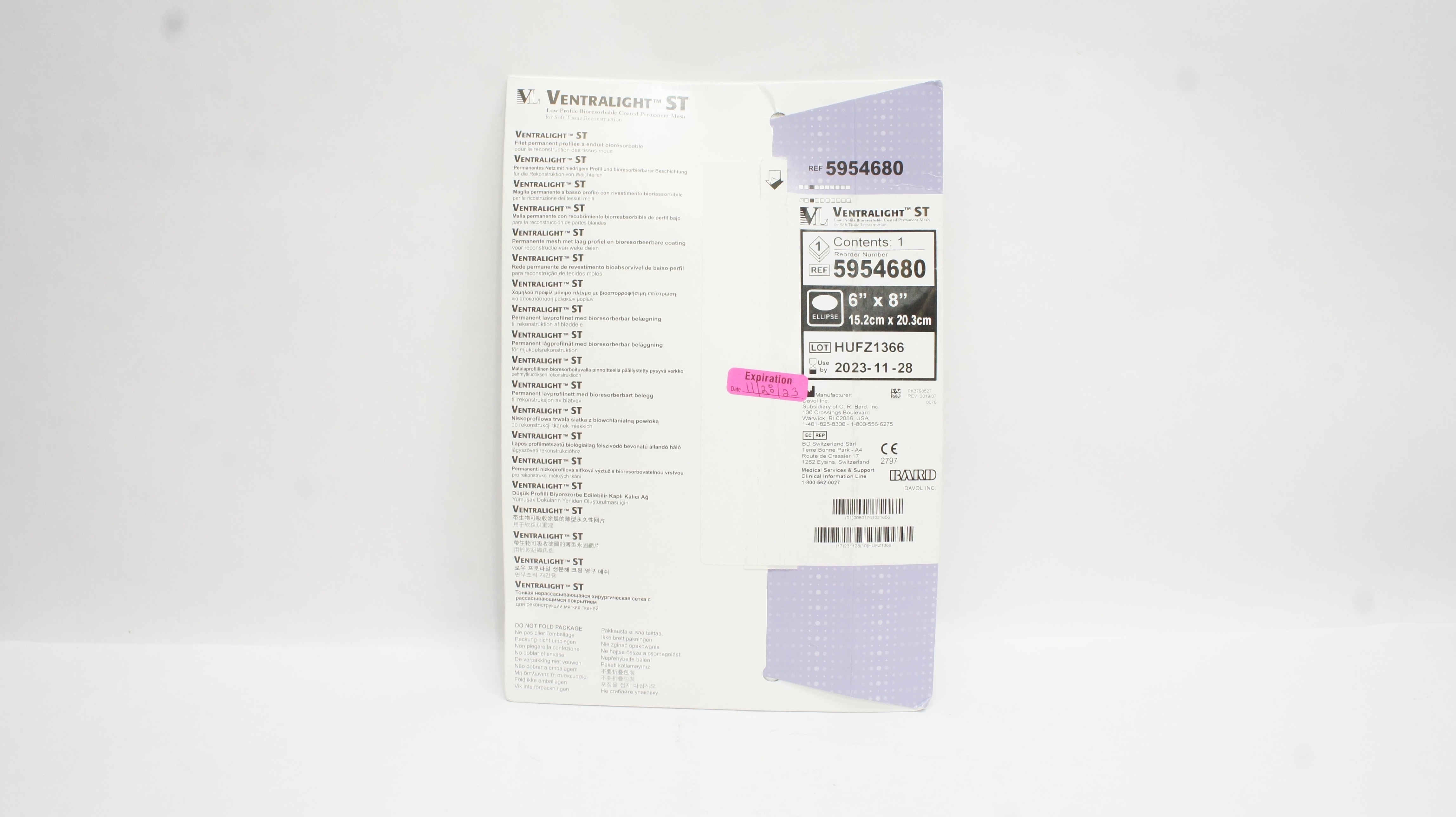 Bard 5954680 Ventralight ST Bioresorbable Coated Permanent Mesh 6 x 8 inch (x)