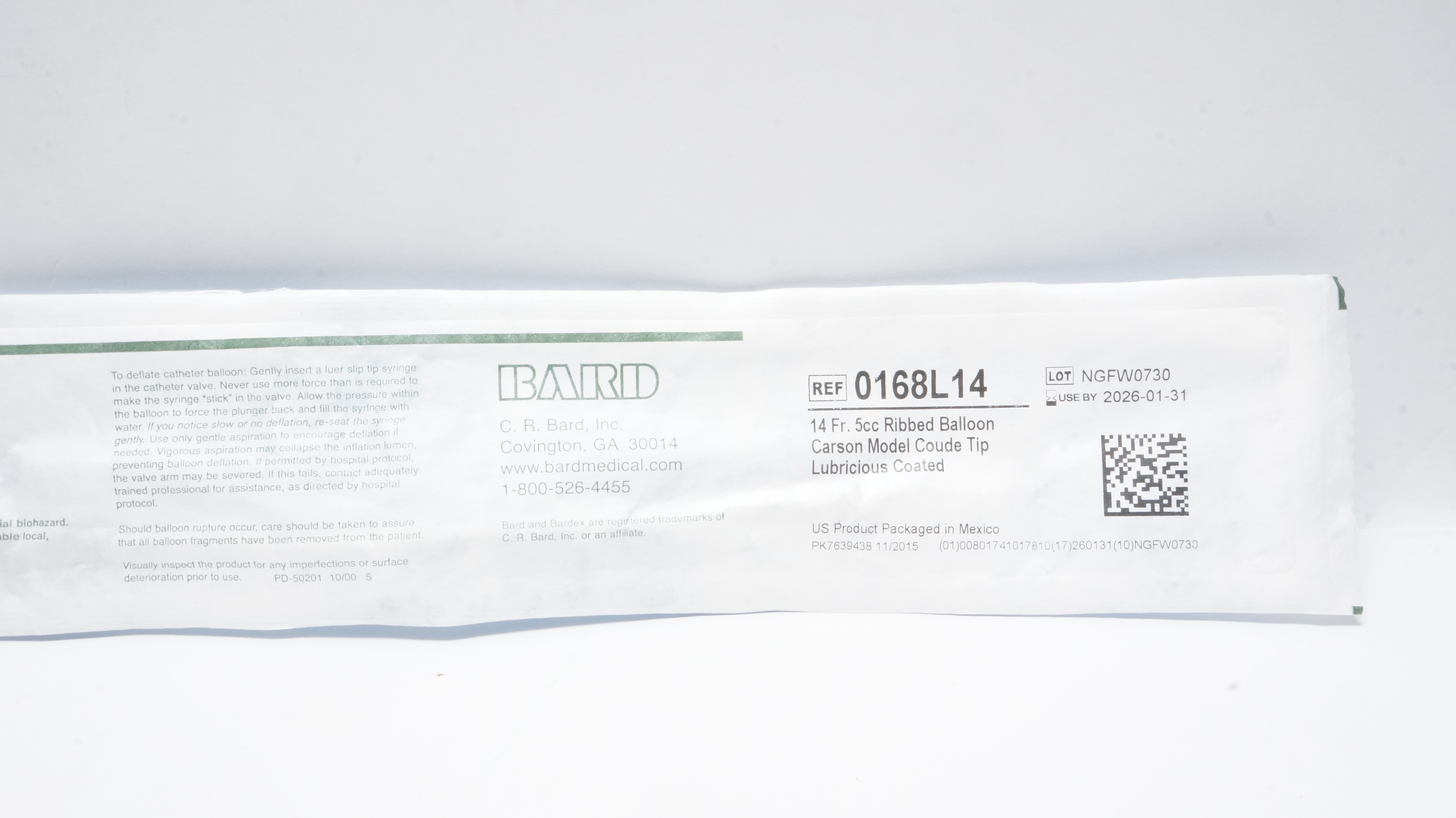 Bard 0168L14 Bardex Foley Cath. 14Fr. 5cc Ribbed Balloon Carson Model