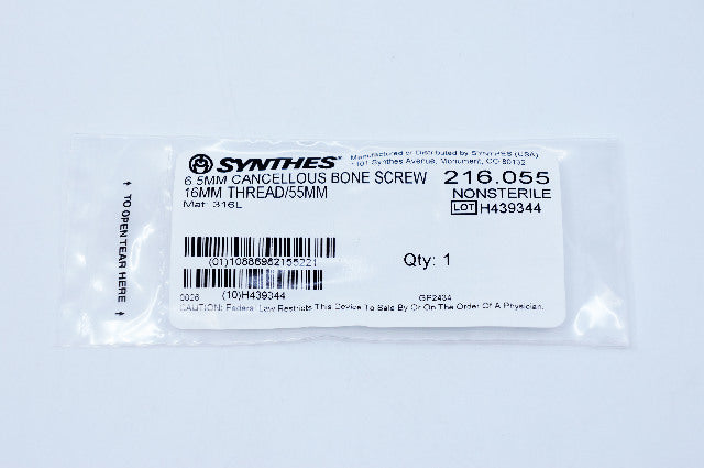 Synthes 216.055 6.5mm Cancellous Bone Screw 16mm Thread/55mm