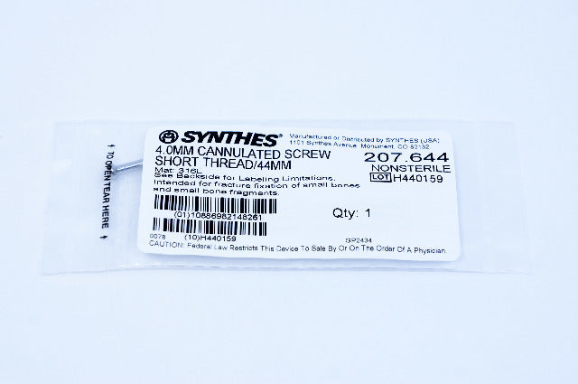 Synthes 207.644 4.0mm Cannulated Screw Short Thread/44mm