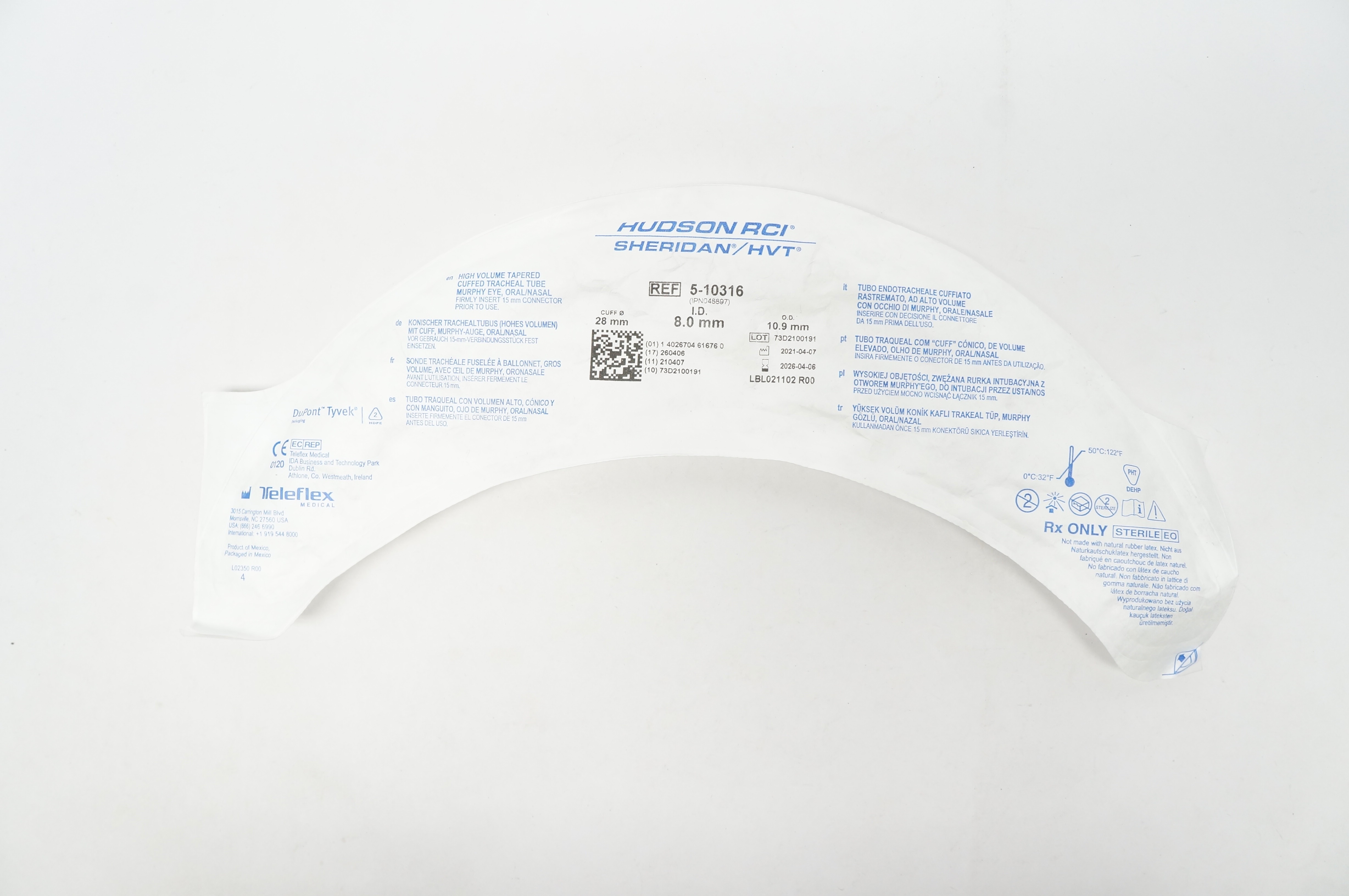 Teleflex 5-10316 Hudson RCI Sheridan HVT Cuffed Tracheal Tube 8.0 x 10.9 x 28mm