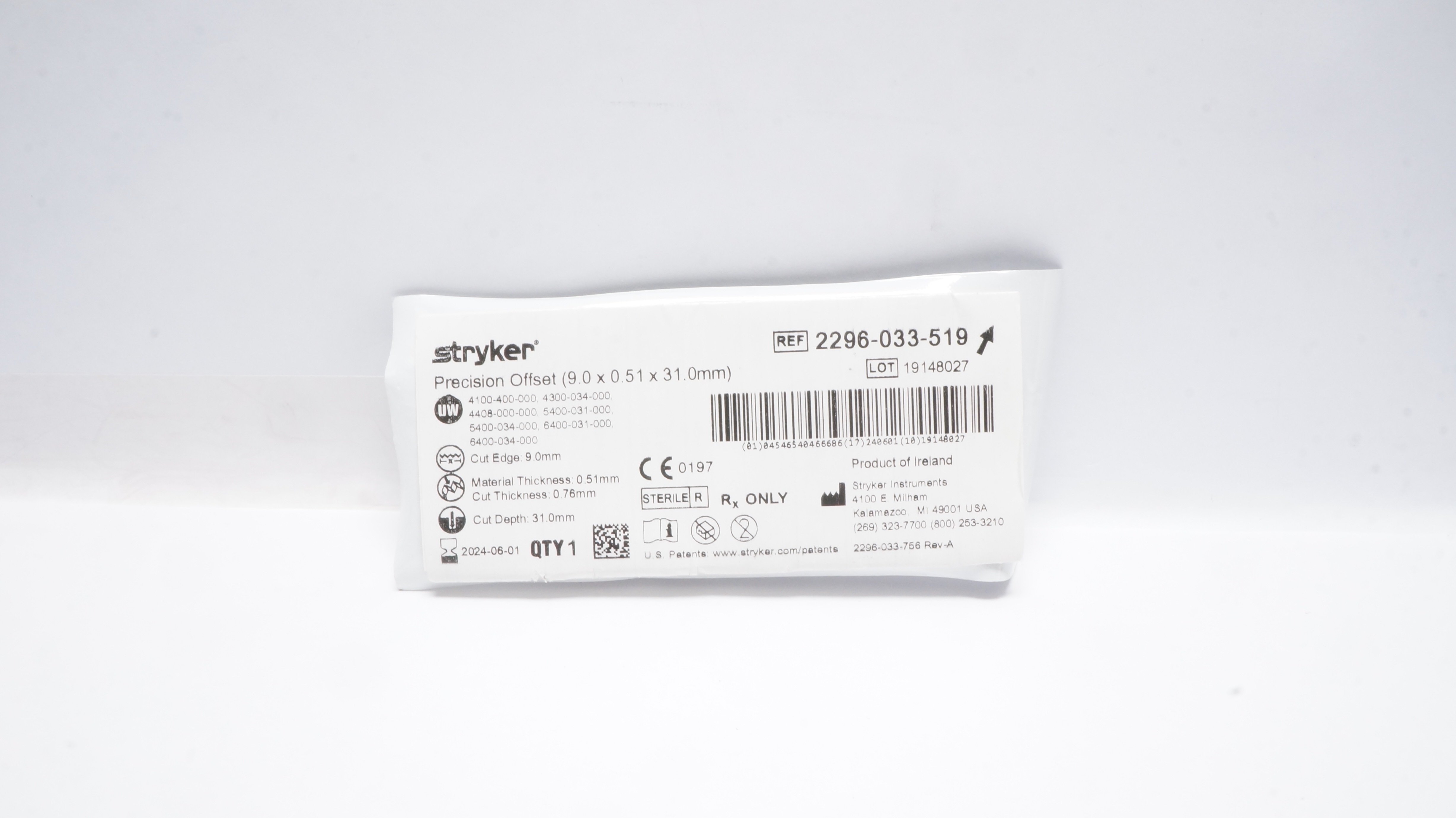 Stryker 2296-033-519 Oscillating/Sagittal Saw Blade 9.0 x 0.51 x 31.0mm (x)