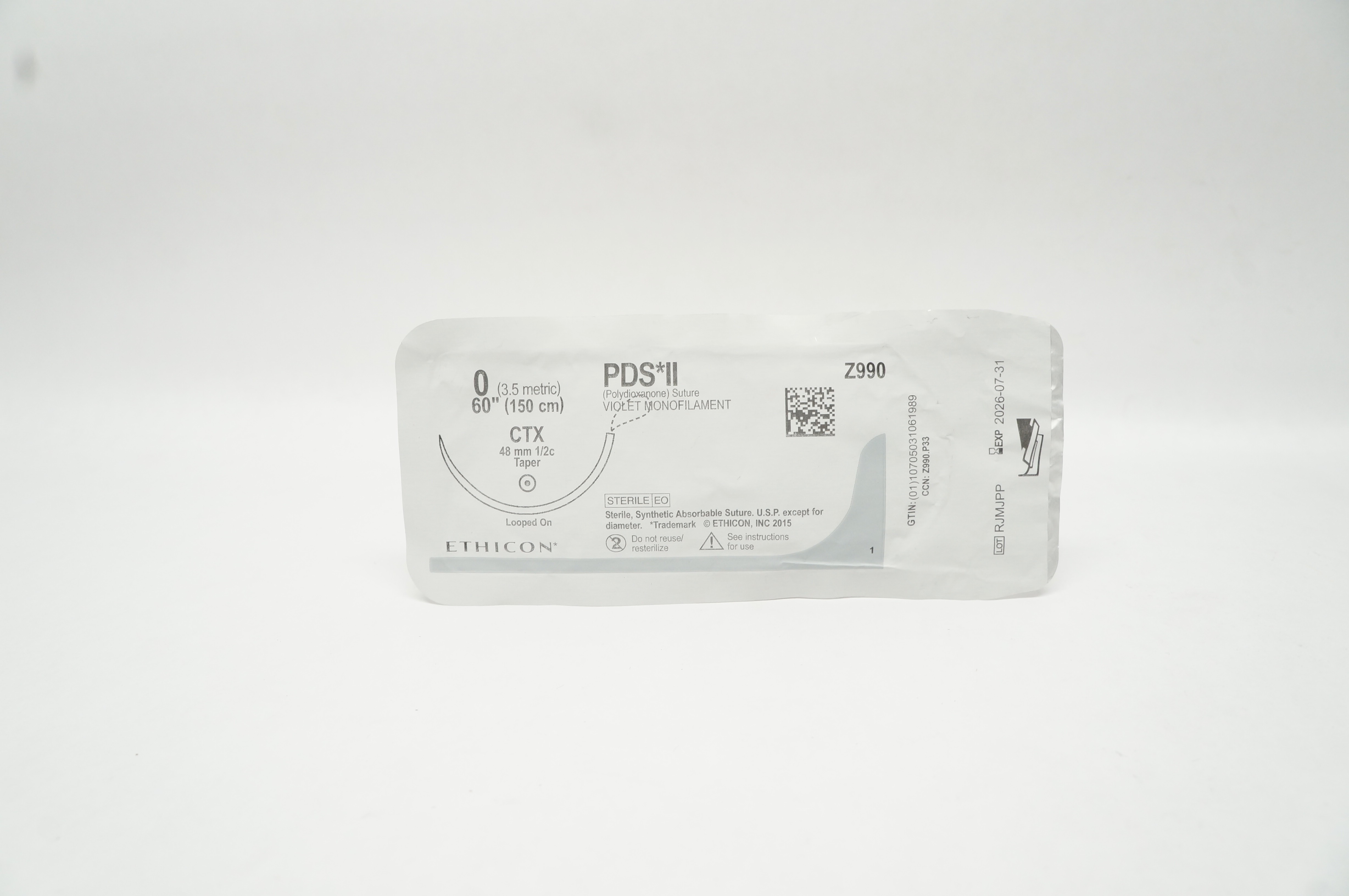 Ethicon Z990 0 PDS II Polydioxanone Stre CTX 48mm 1/2c Taper 60inch
