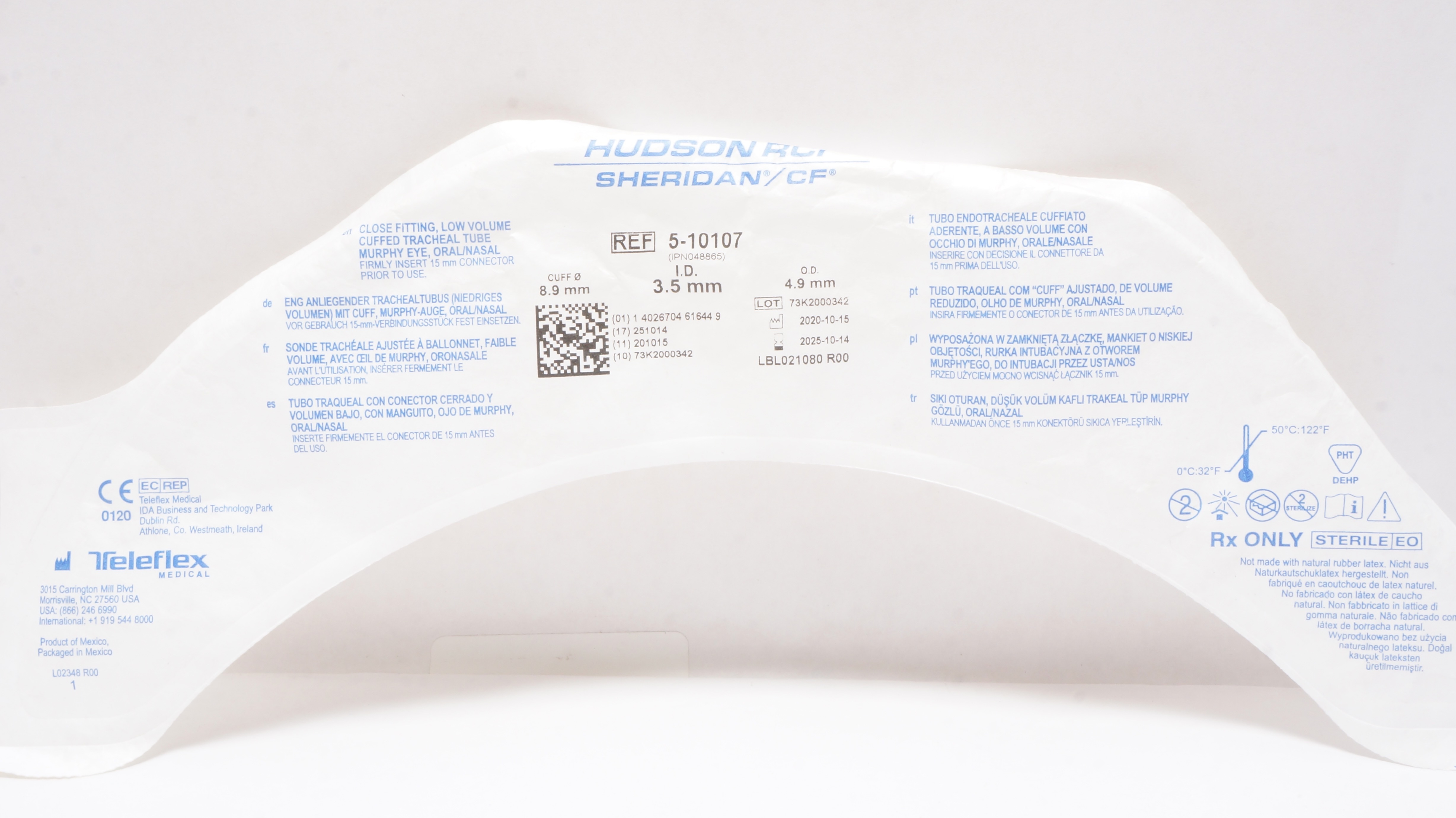 Teleflex 5-10107 Hudson RCI Sheridan Tracheal Tube Cuffed 8.9 x 3.5ID x 4.9mmOD