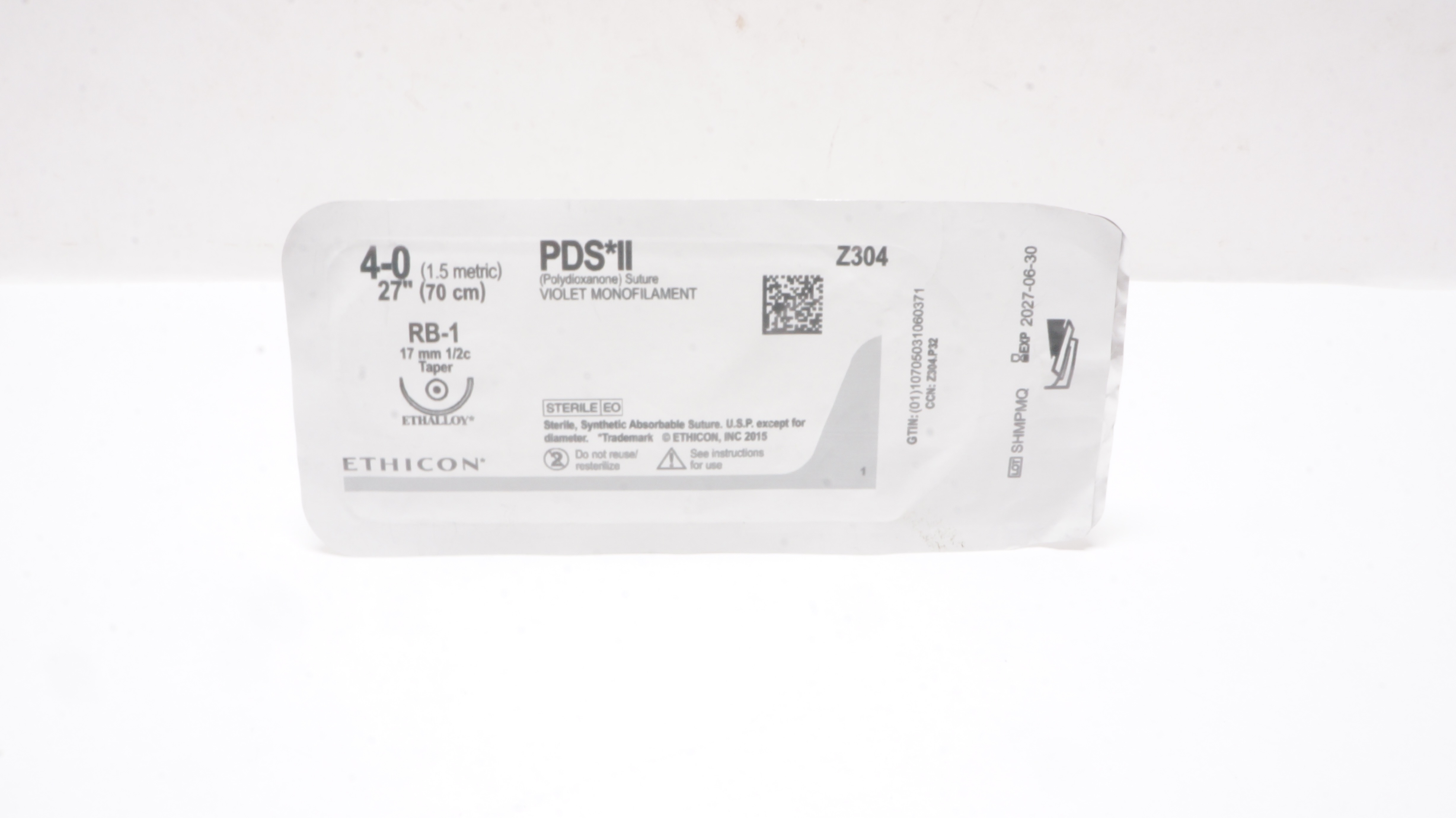 Ethicon Z304 4-0 PDS II Violet Monofilament Stre RB-1 17mm 1/2c Taper 27inch