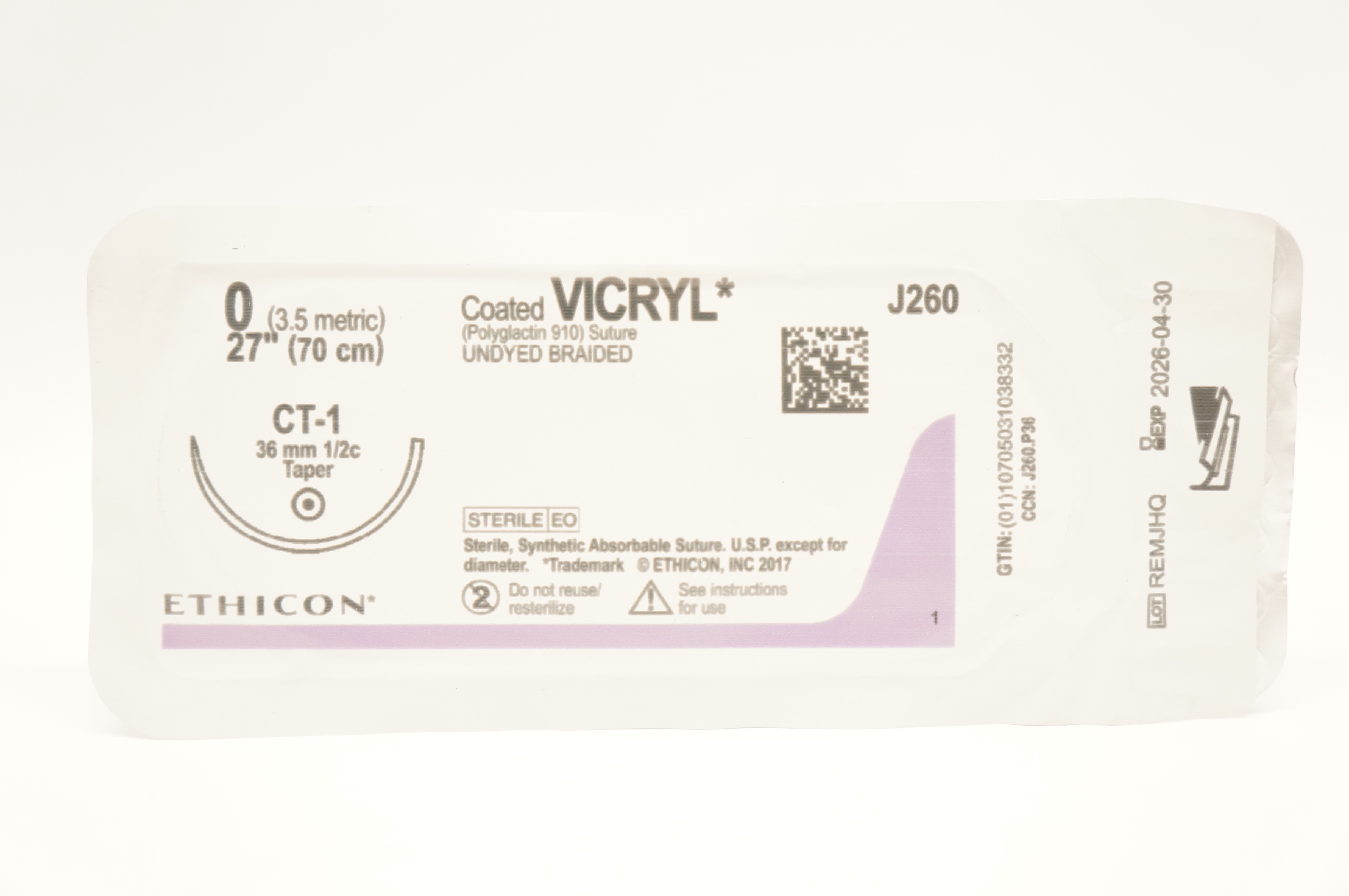 Ethicon J260 0 Coated VICRYL Stre, Undyed Braided, CT-1 36mm 1/2c Taper, 27 inch